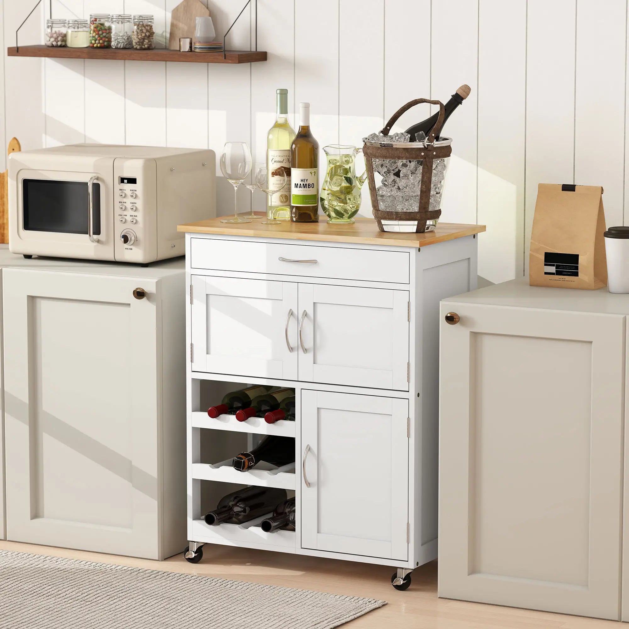 Rolling Kitchen Cart, Island with Storage Drawer, 9-Bottle Wine Rack, White Kitchen Islands & Kitchen Carts at Gallery Canada