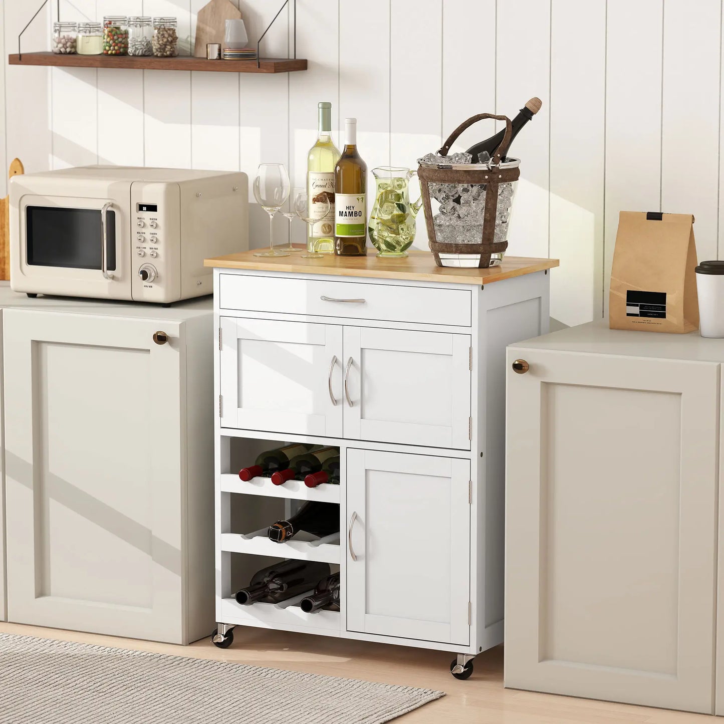Rolling Kitchen Cart, Island with Storage Drawer, 9-Bottle Wine Rack, White Kitchen Islands & Kitchen Carts at Gallery Canada