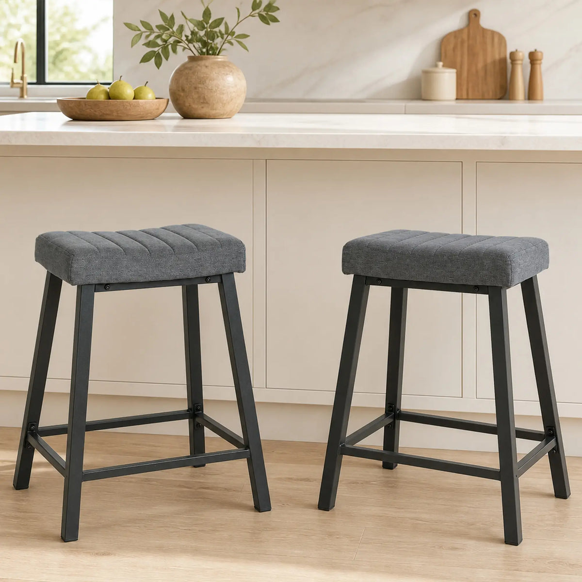Set of 2 Velvet Bar Stools, Curved Seat with Footrest, Grey Bar Stools at Gallery Canada