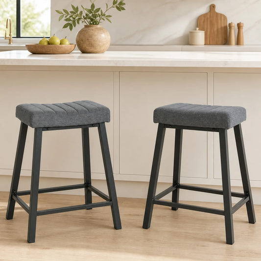 Set of 2 Velvet Bar Stools, Curved Seat with Footrest, Grey Bar Stools Grey, Black at Gallery Canada