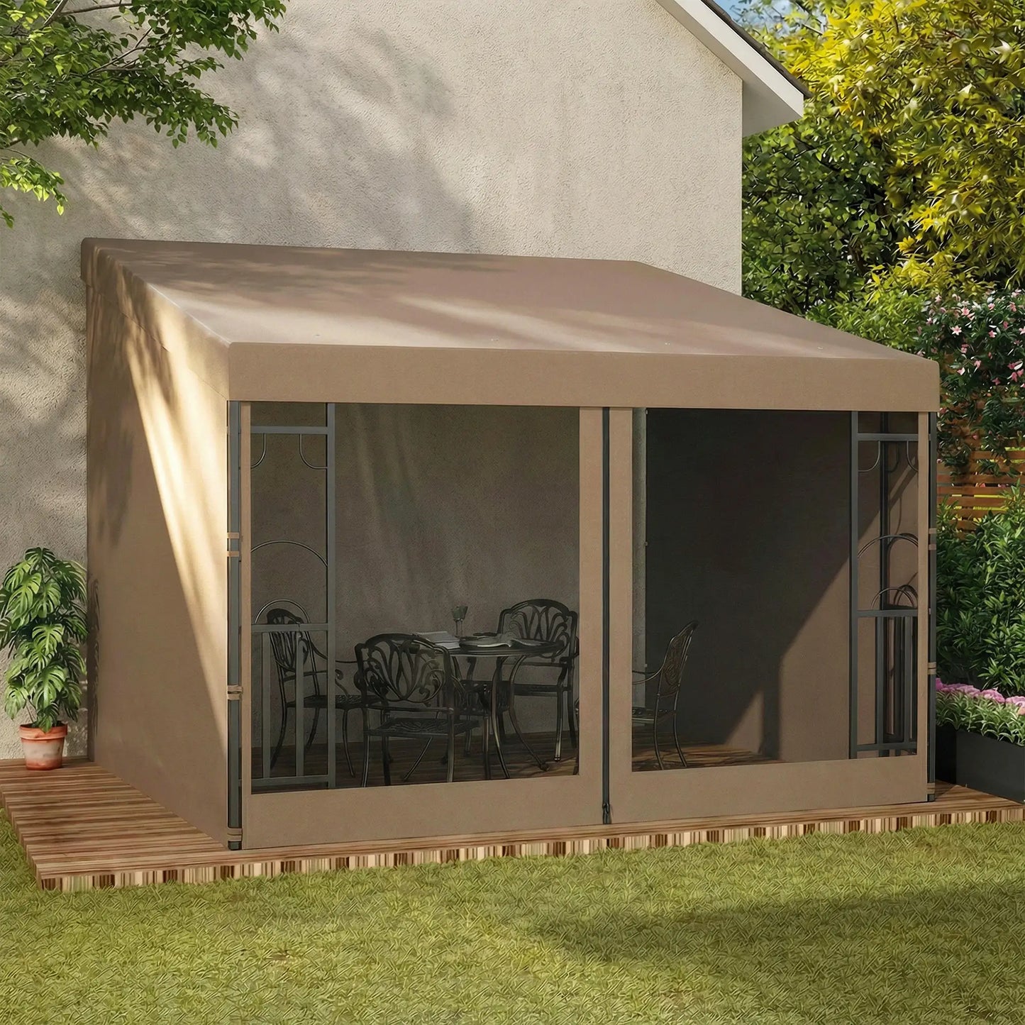 10' x 10' Wall Pergola, With Curtains and Nettings, Khaki Pergolas at Gallery Canada