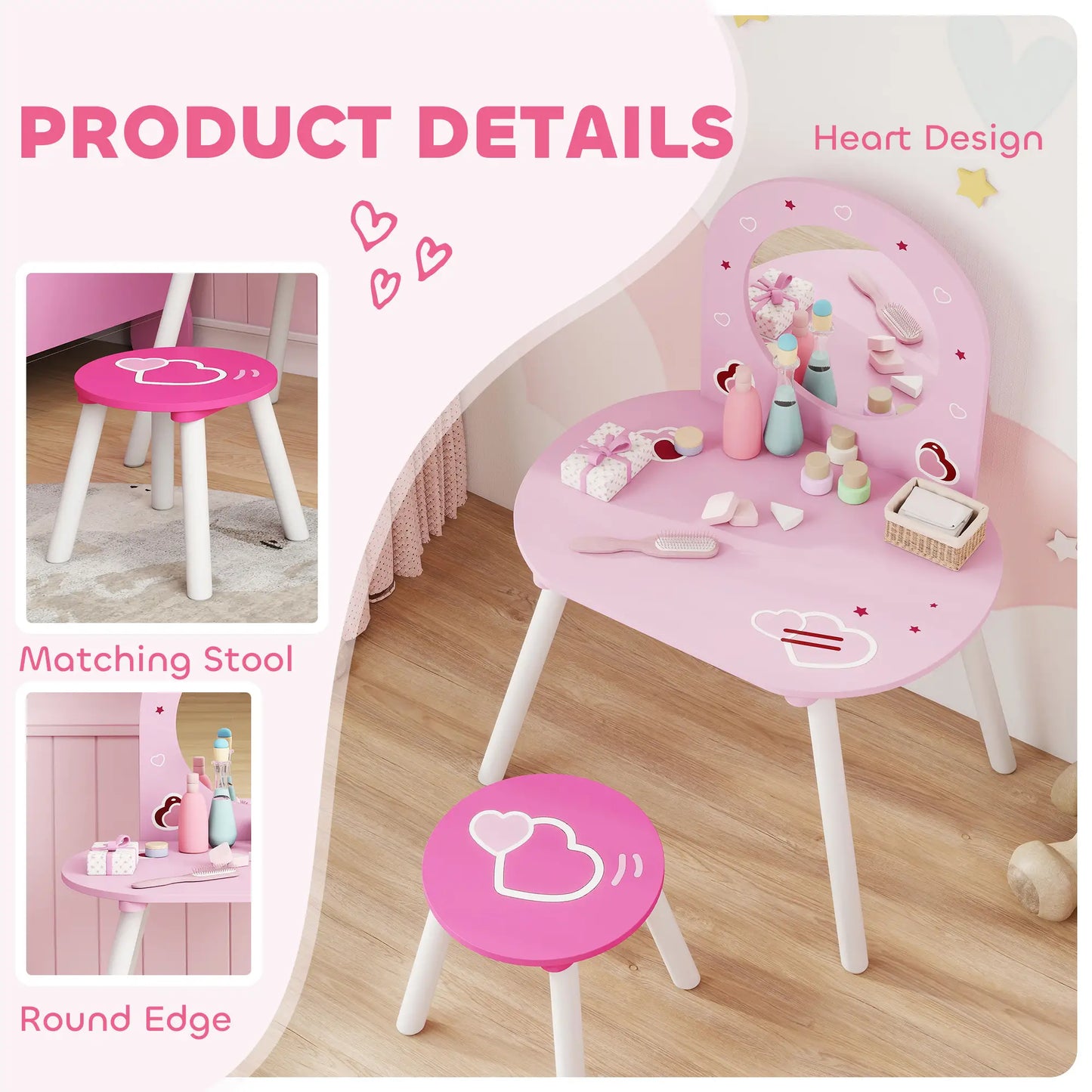 Kids Dressing Table with Mirror and Stool, Girls Vanity Set, Pink Toy Vanity at Gallery Canada