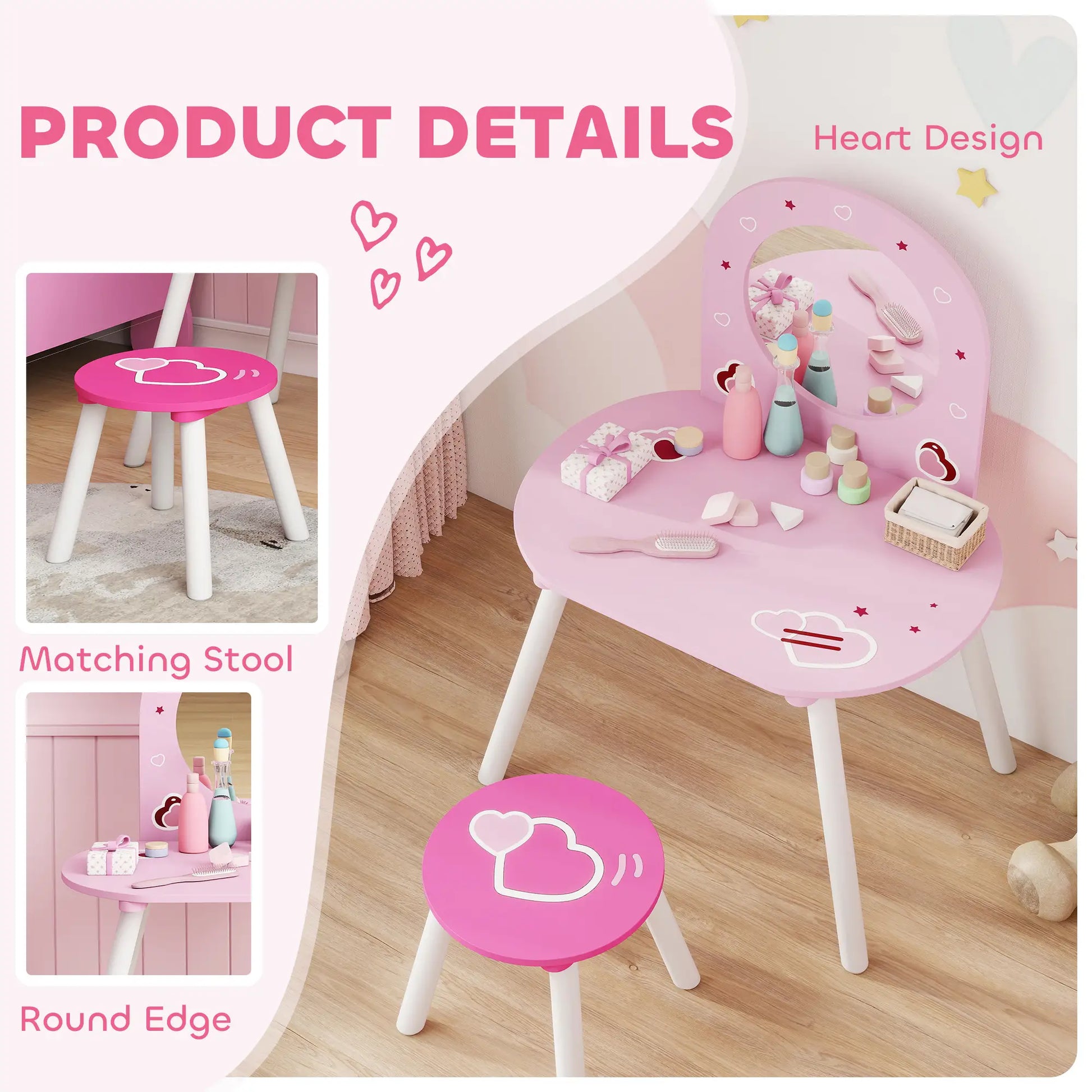 Kids Dressing Table with Mirror and Stool, Girls Vanity Set, Pink Toy Vanity at Gallery Canada