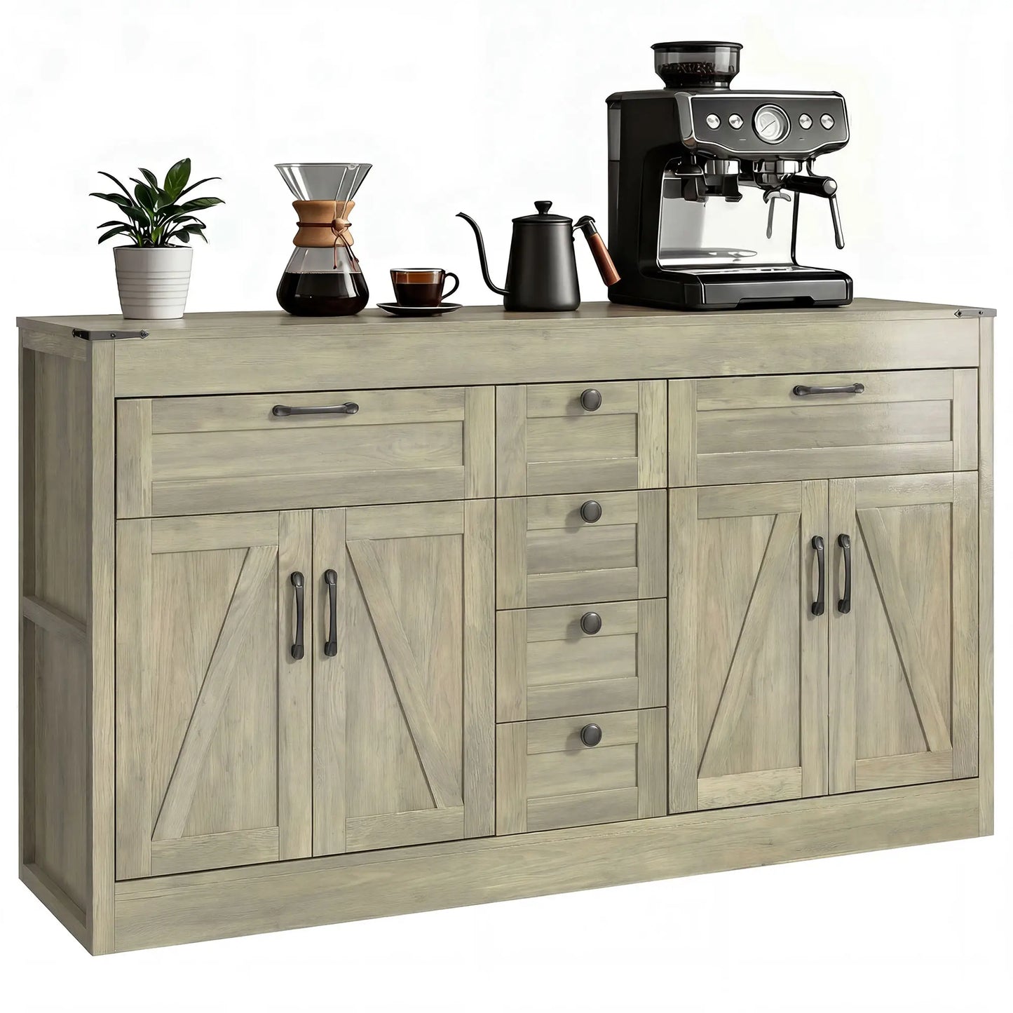 55" Farmhouse Sideboard Buffet Cabinet, 4 Barn Doors, 6 Drawers, Grey Bar Cabinets at Gallery Canada