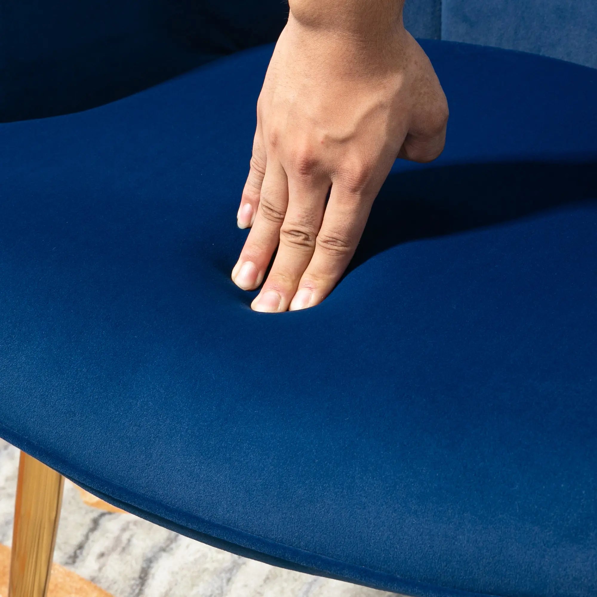 Modern Accent Chair with Ottoman, Upholstered Armchair, Gold Legs, Dark Blue Accent Chairs at Gallery Canada