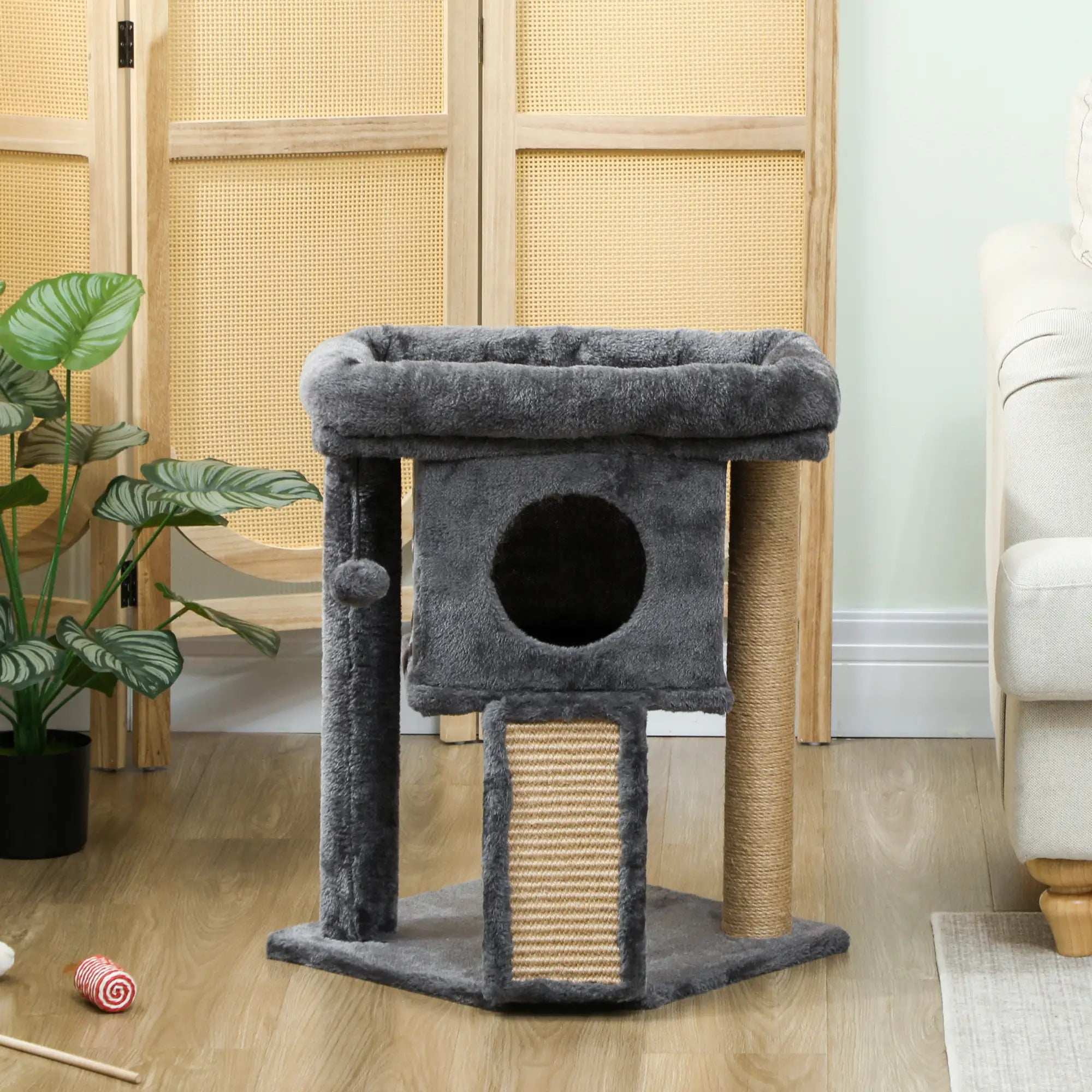 Small Cat Tree Tower with Perch, Scratching Post, Condo, Toy Ball, Dark Grey Cat Trees at Gallery Canada