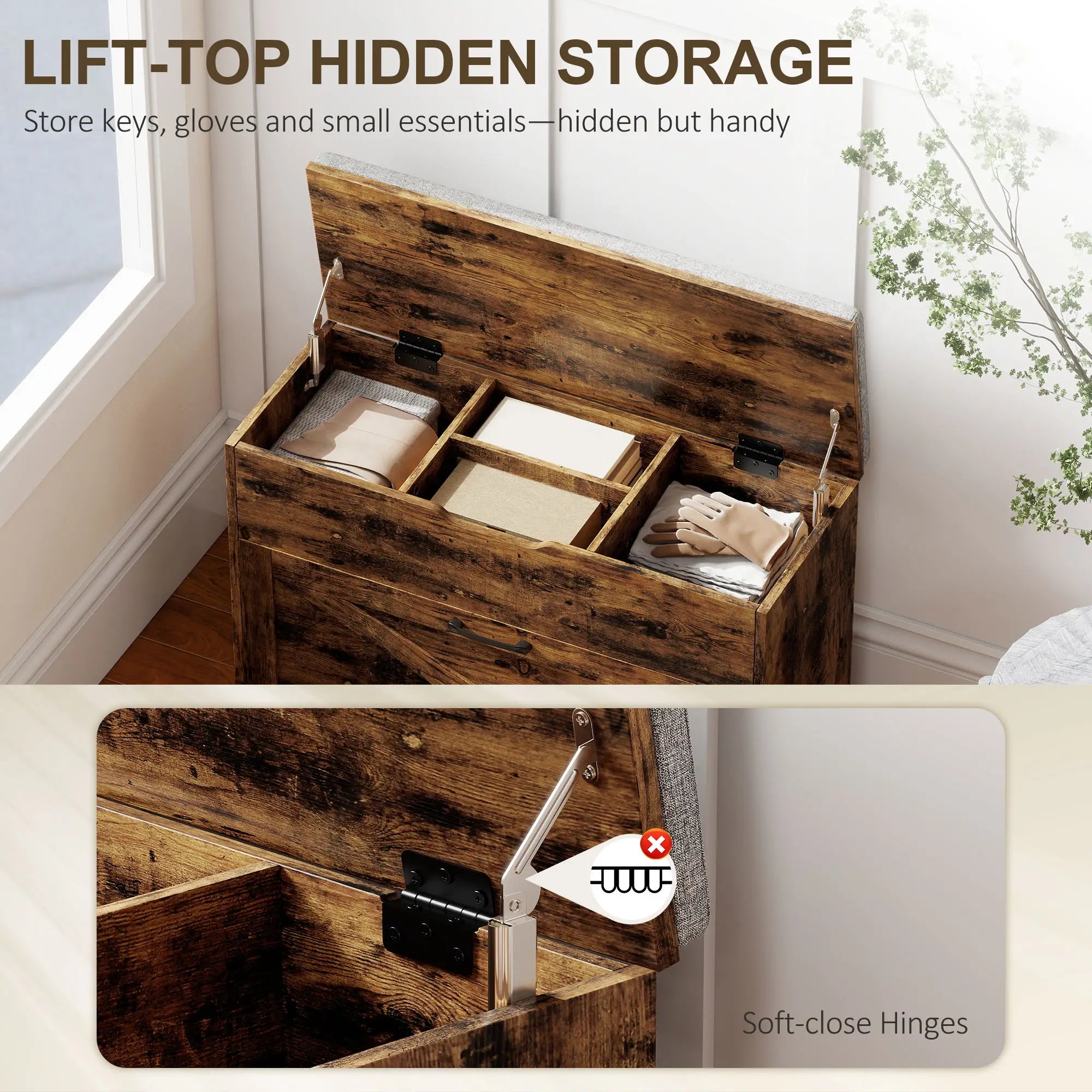 Shoe Storage Bench with Flip Drawer, Lift Top, Seat Cushion, Rustic Brown Shoe Storage Cabinets & Racks at Gallery Canada