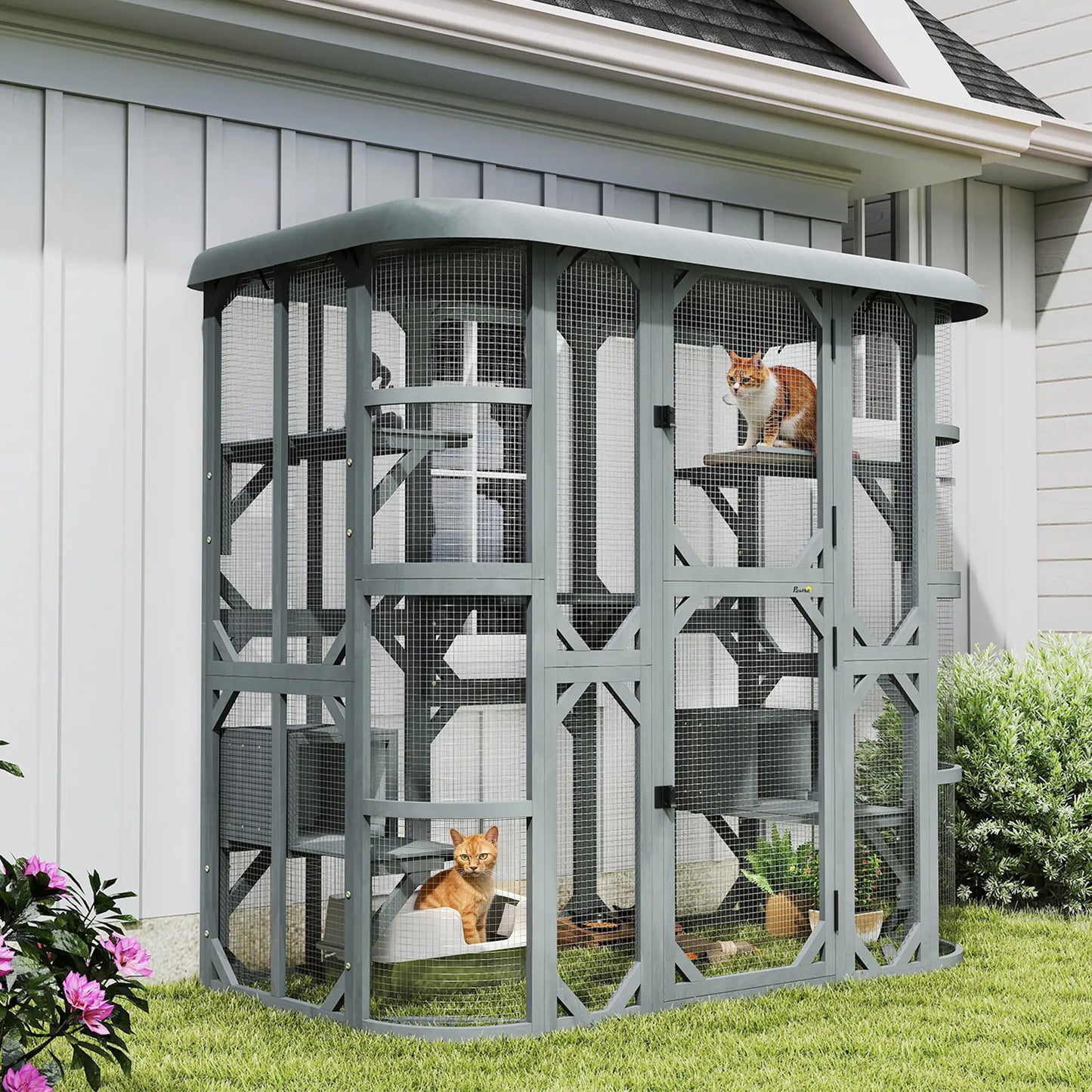 71" Wooden Cat Enclosure, With Platforms And Condos, Grey Outdoor Cat Enclosures at Gallery Canada