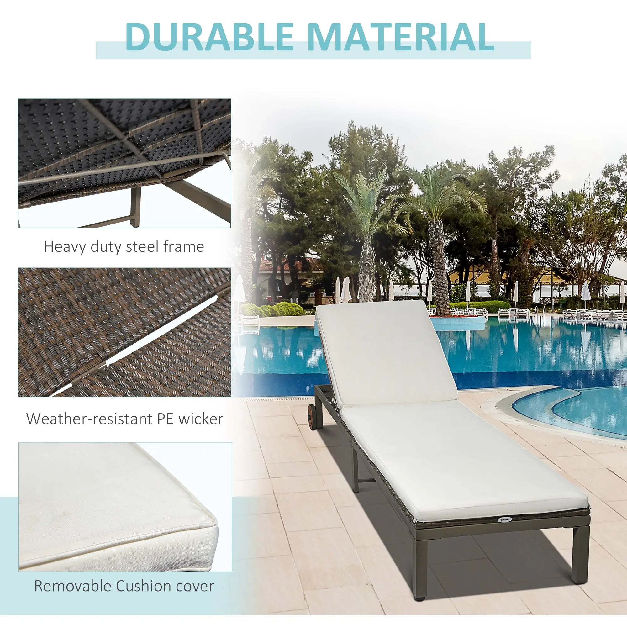 Rattan Sun Lounger, 4-Level Adjustable Backrest, Wheels, Cushion, Cream White Chaise Loungers at Gallery Canada