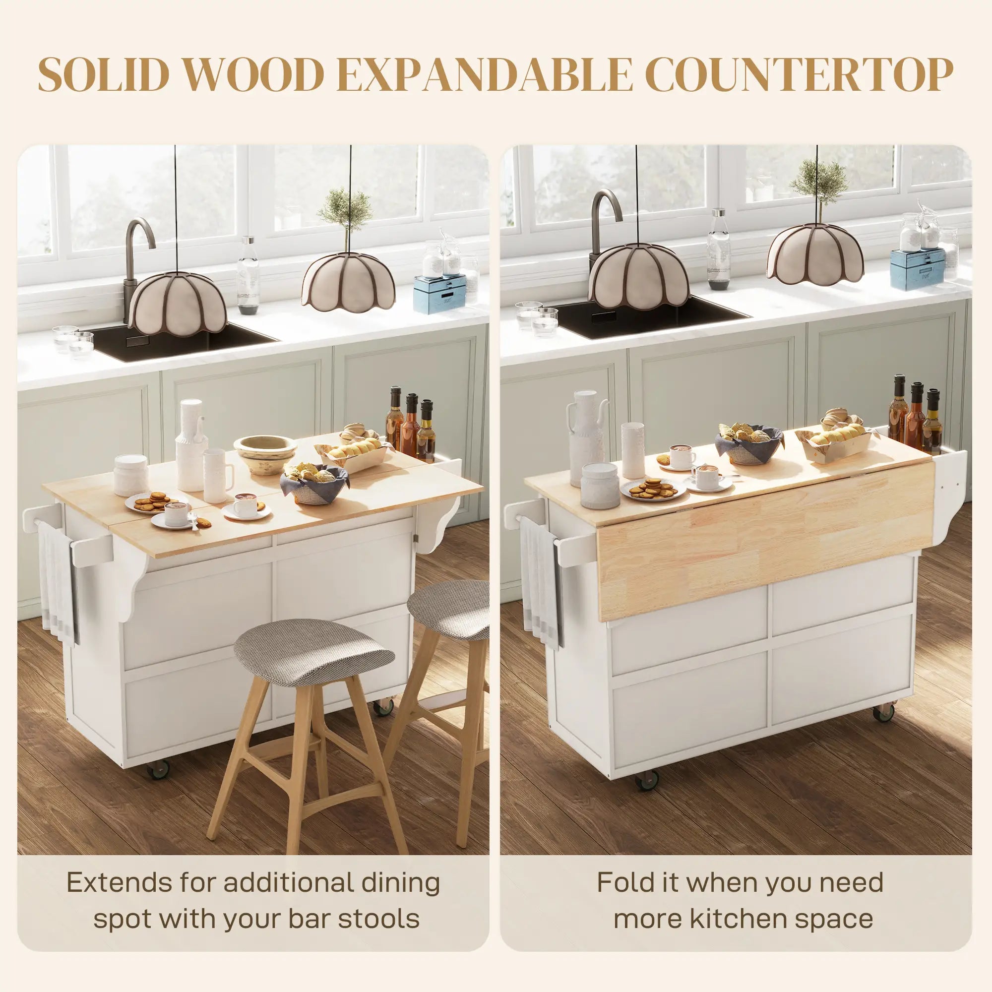 Kitchen Island with Storage, Drop Leaf, Rubber Wood Top, Cream White Kitchen Islands & Kitchen Carts at Gallery Canada