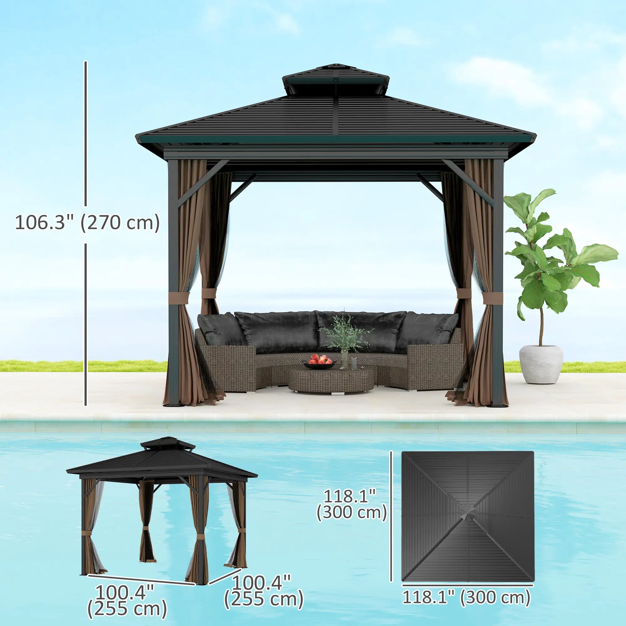10' x 10' Hardtop Gazebo, Double Tier Metal Roof, Dark Brown Gazebos at Gallery Canada