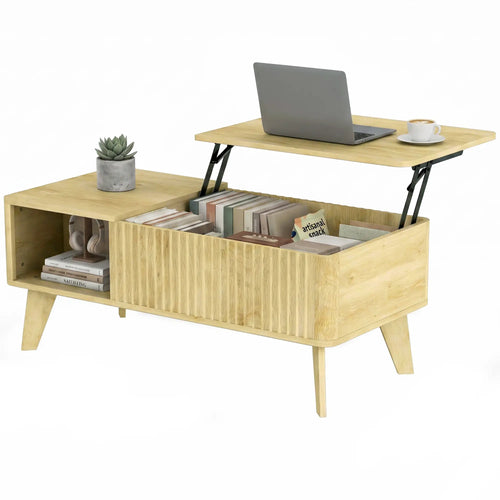 40 Inch Fluted Lift Top Coffee Table, Storage, Oak