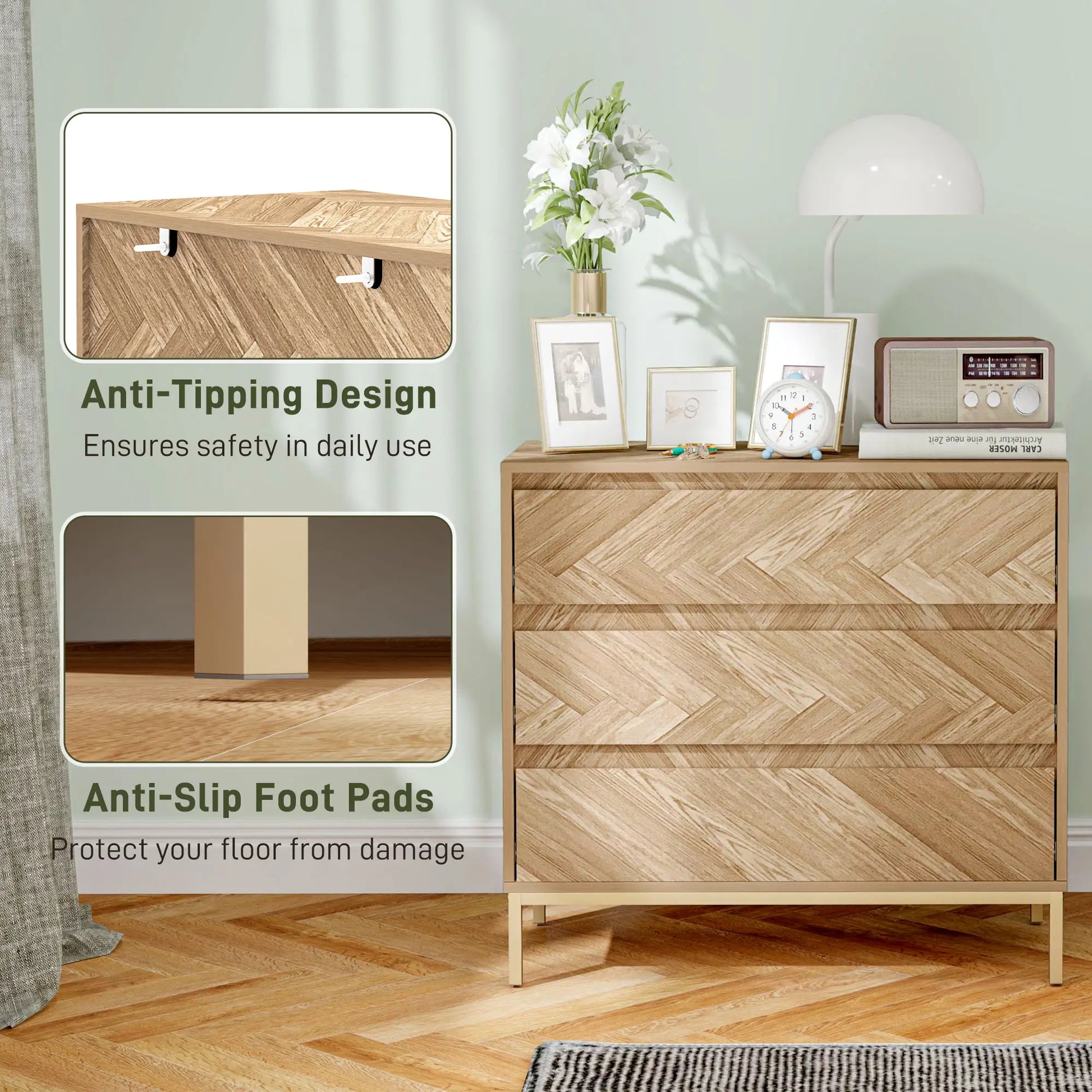 3 Drawer Storage Cabinet, Anti-Tip Design, for Bedroom, Living Room, Nature Wood Storage Cabinets at Gallery Canada