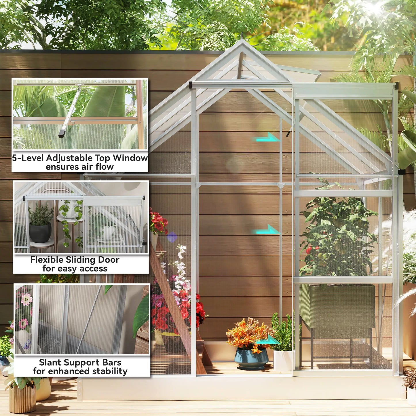 6' x 4' Walk-In Greenhouse, Polycarbonate, Sliding Door, Window, Aluminium Frame, Silver Walk In Greenhouses at Gallery Canada