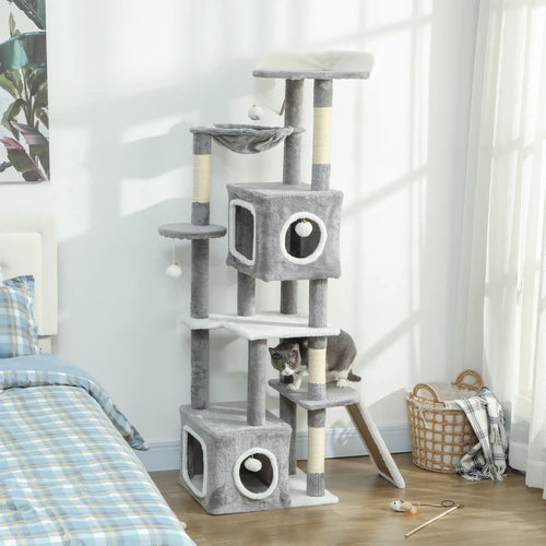 65 Inch Cat Tree, 2 Doors Condos, Plush Perch, Hammock, Grey