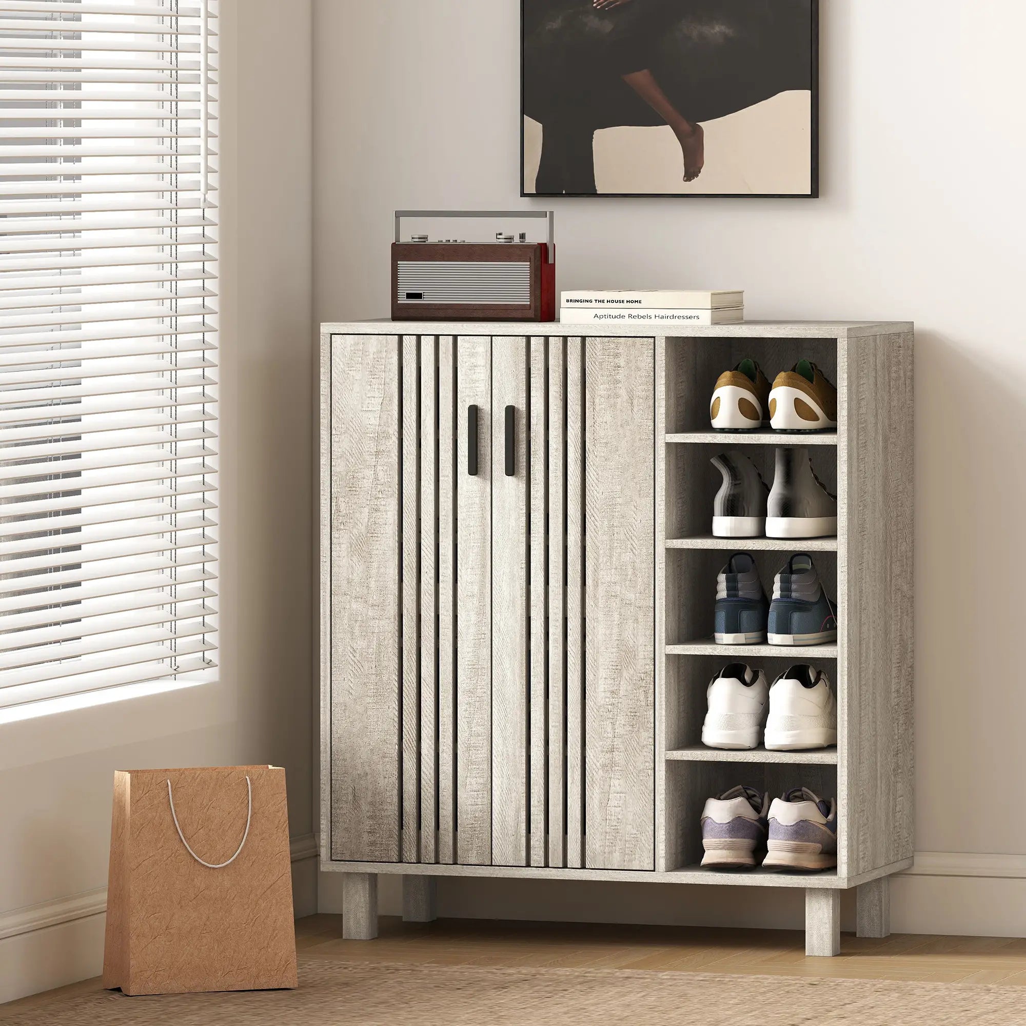Shoe Storage with Double Doors, Open Shelves, 17 Pair, Light Grey Shoe Storage Cabinets & Racks at Gallery Canada
