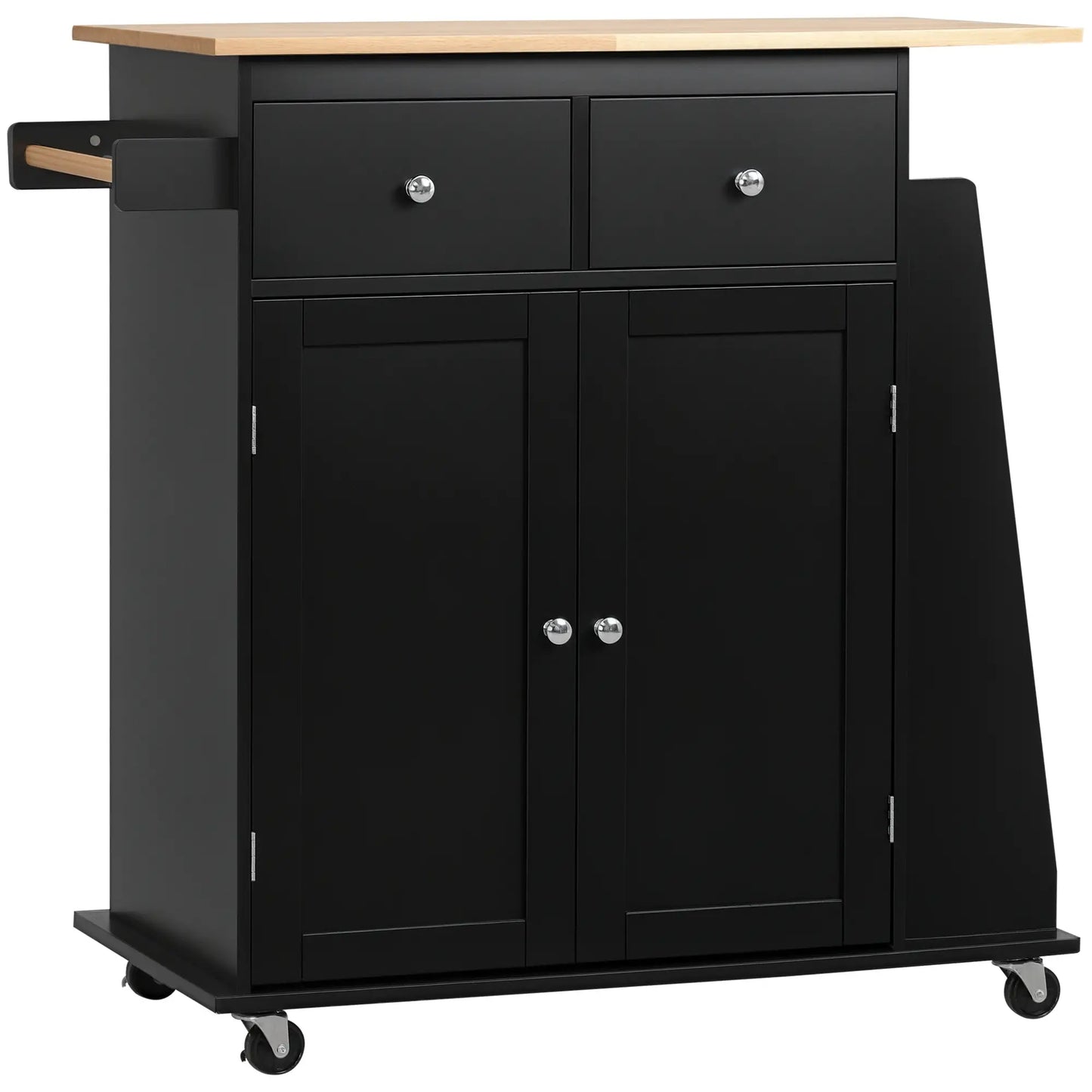 Rolling Kitchen Island Cart, Rubber Wood Top, 3-Tier Spice Rack, Black Kitchen Islands & Kitchen Carts Black, Nature at Gallery Canada