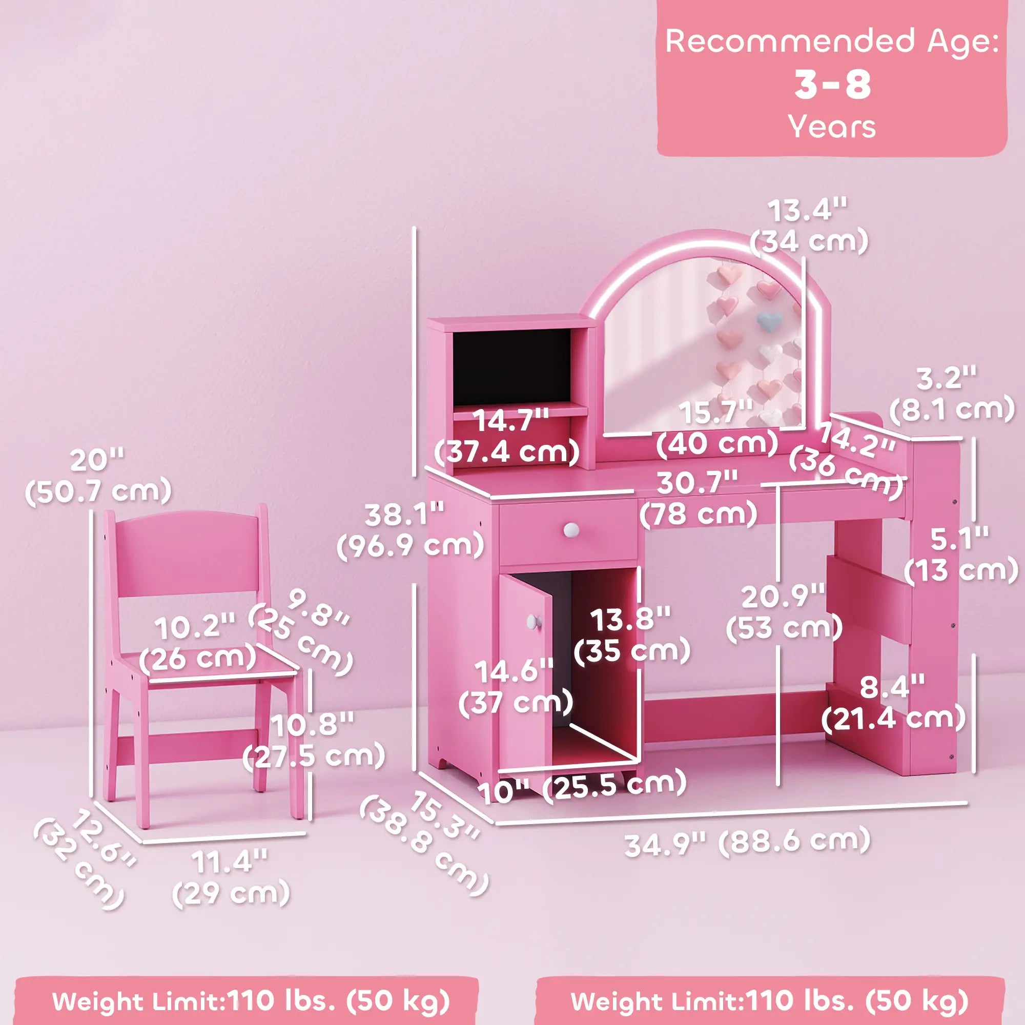 Kids Vanity Set, Toddler Dressing Table and Chair, Lighted Mirror, Pink Toy Vanity at Gallery Canada