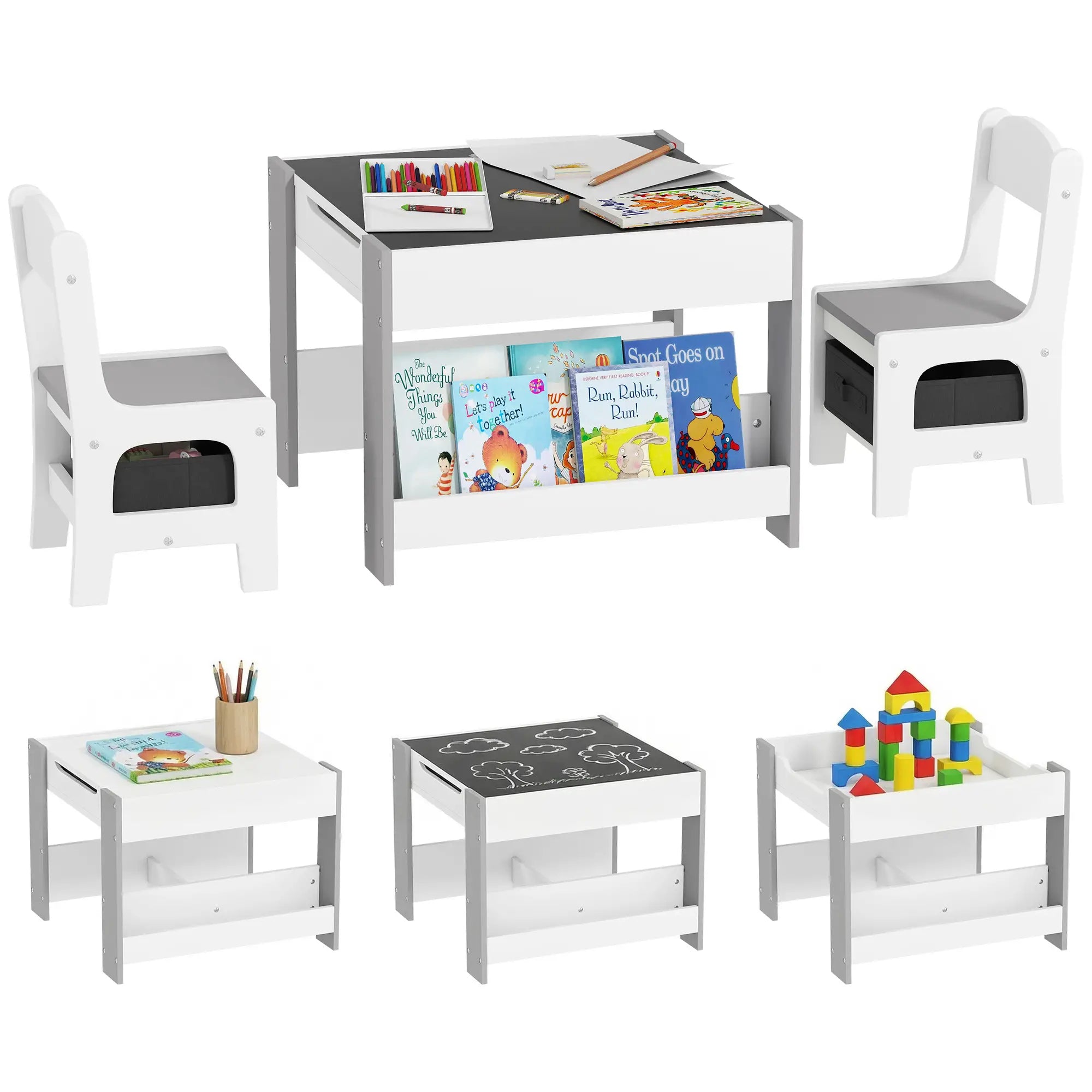 3 Piece Kids Table and Chair Set, Reversible Tabletop, Blackboard, Storage, Grey Kids Table Sets at Gallery Canada