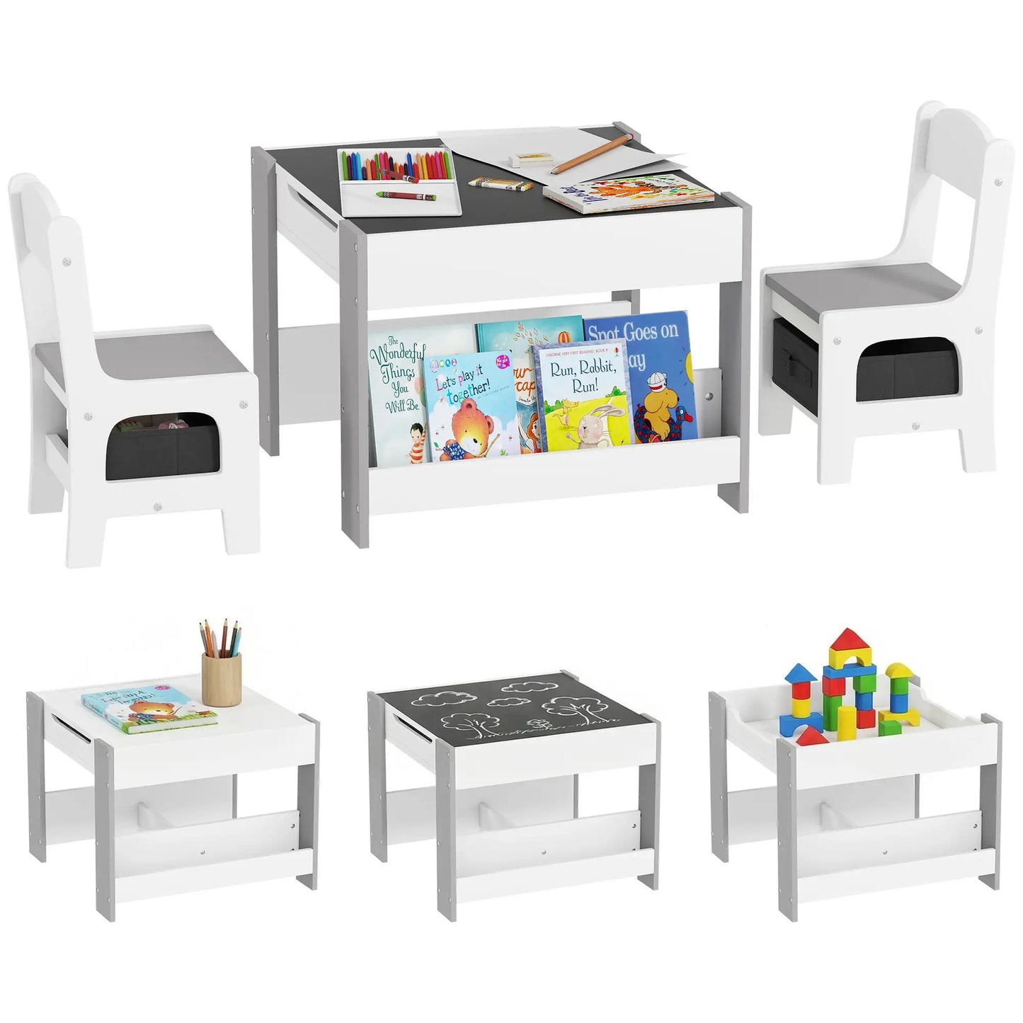 3 Piece Kids Table and Chair Set, Reversible Tabletop, Blackboard, Storage, Grey Kids Table Sets at Gallery Canada