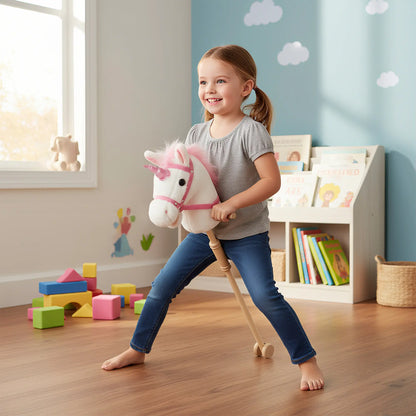 Unicorn Stick Horse, Plush with Wood Wheels, Neighing Sounds, White Rocking Horses at Gallery Canada