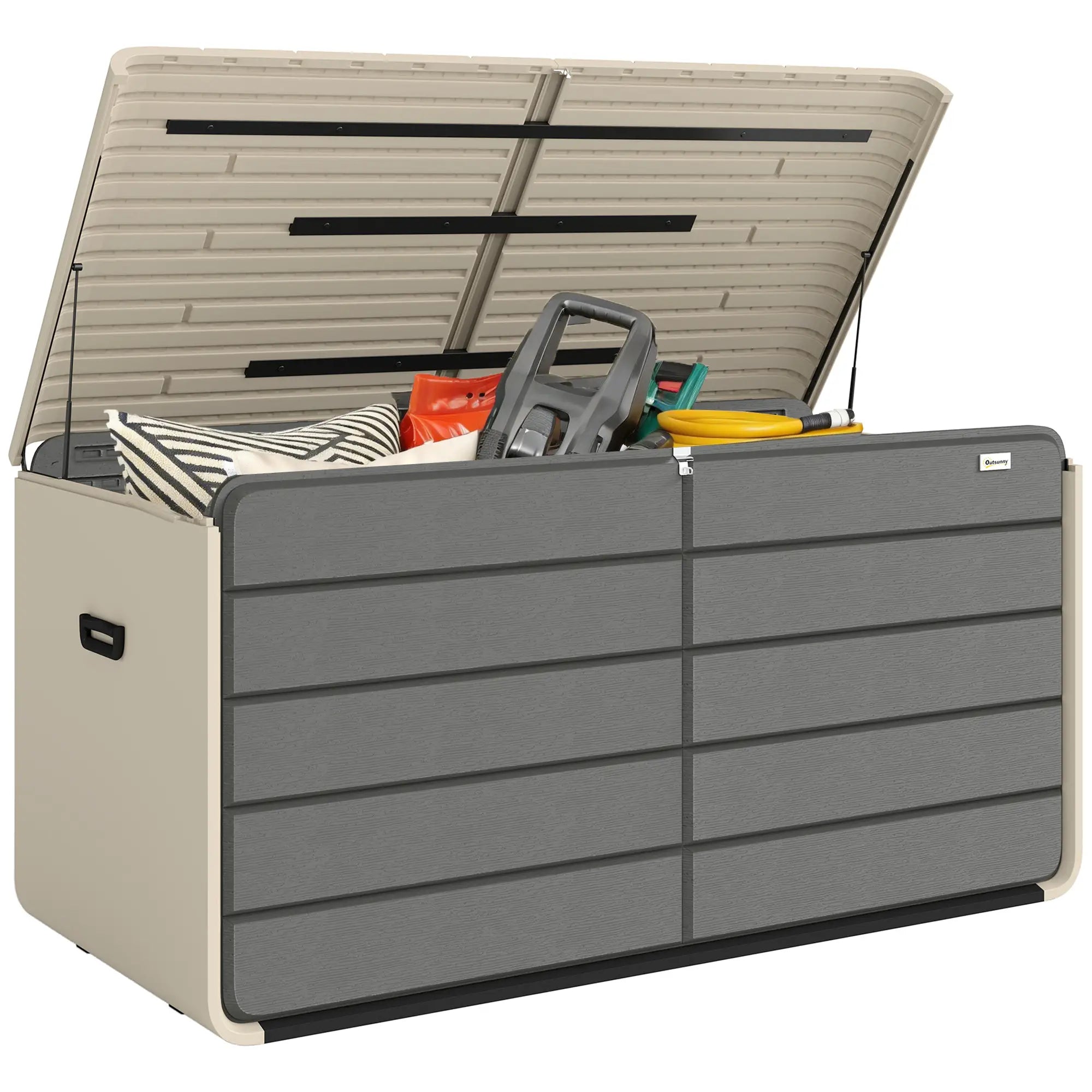 Outdoor Storage Box With Lockable Lid, HDPE Garden Deck Box With Wheels 757 L Patio Storage Boxes Beige, Smoky Grey at Gallery Canada