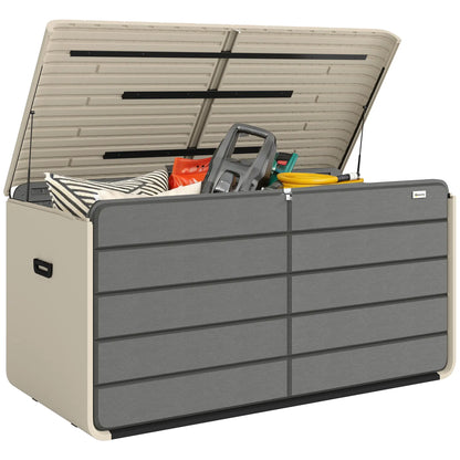 Outdoor Storage Box With Lockable Lid, HDPE Garden Deck Box With Wheels 757 L Patio Storage Boxes Beige, Smoky Grey at Gallery Canada