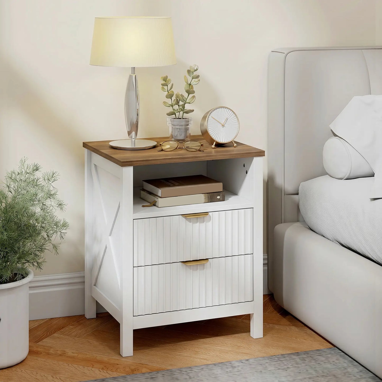 Nightstand With 2 Fluted Drawers, Open Shelf, Anti-Tipping, White Walnut, White Walnut