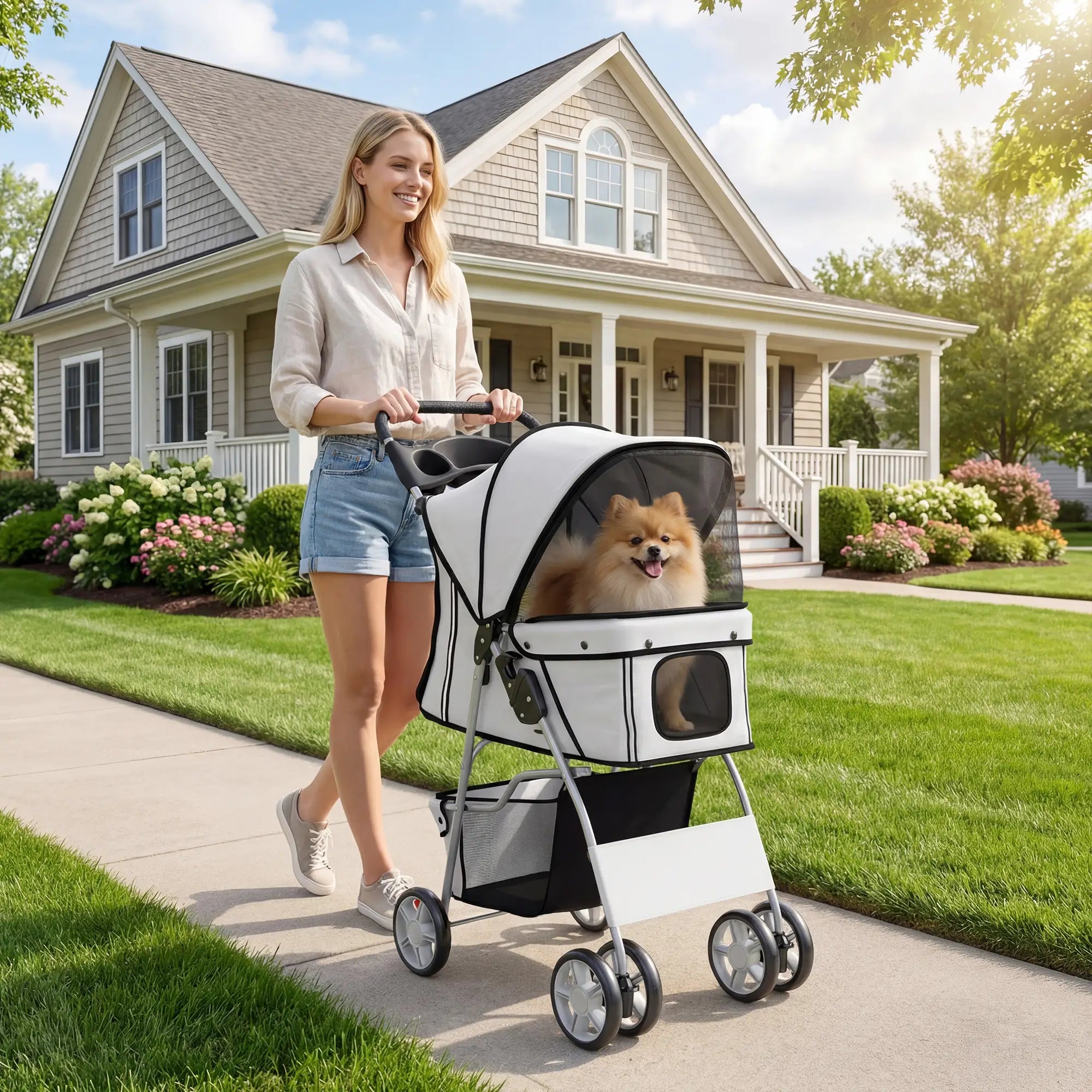 Foldable Pet Stroller, With Wheels, Reflective Strips, Brake, Pad, Basket, Grey Dog Bike Trailers & Strollers at Gallery Canada