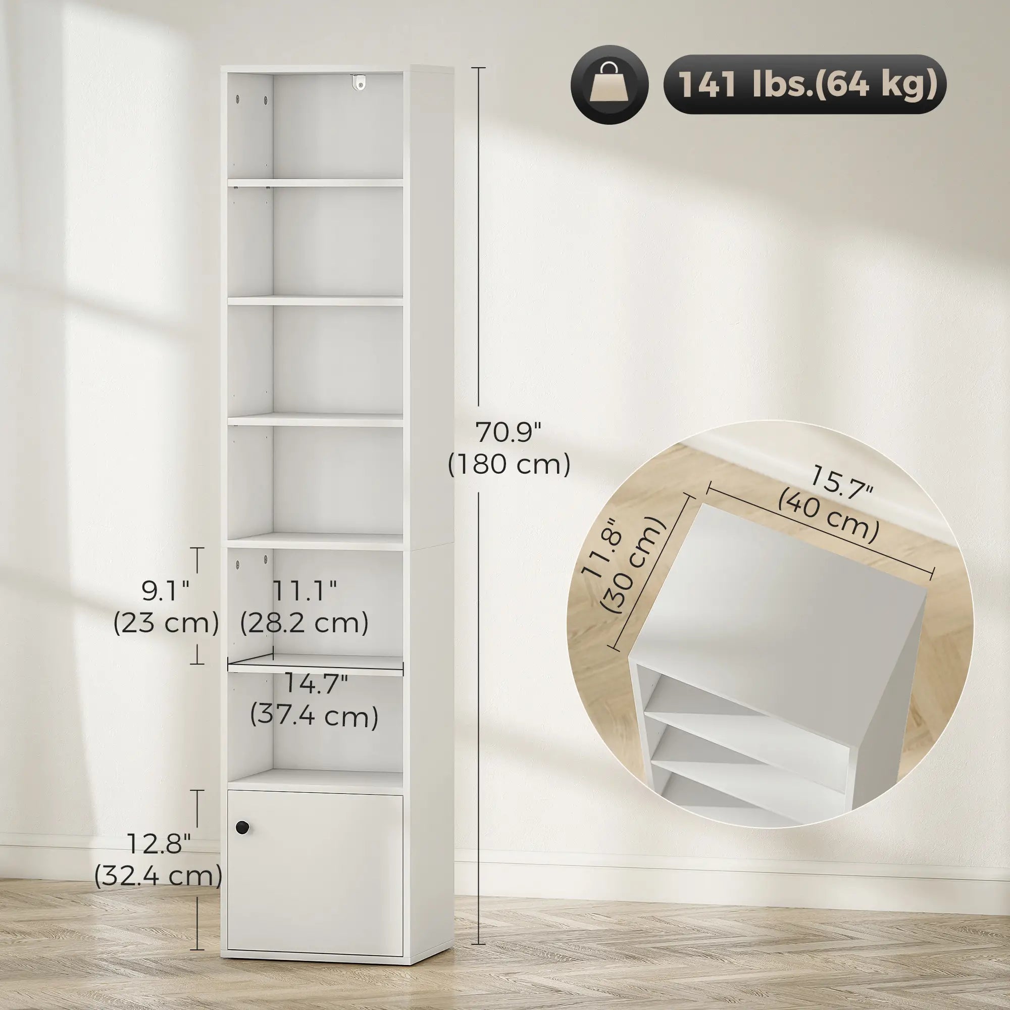 7-Tier Bookcase, Display Shelf with Cabinet, White Display Bookshelves at Gallery Canada