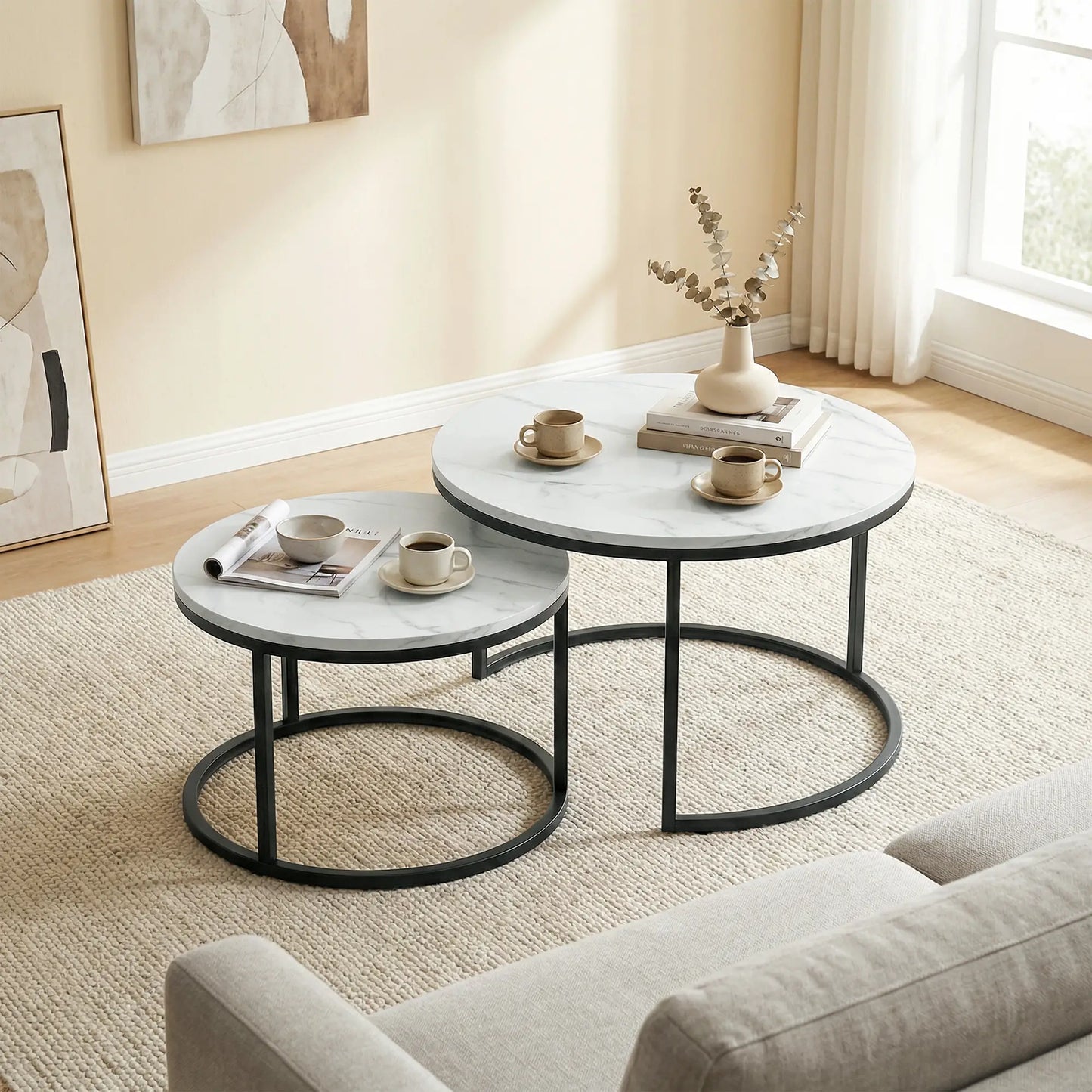 Modern Coffee Table Set, 2 Nesting Tables, Metal Base, Marble White, White Coffee Tables at Gallery Canada