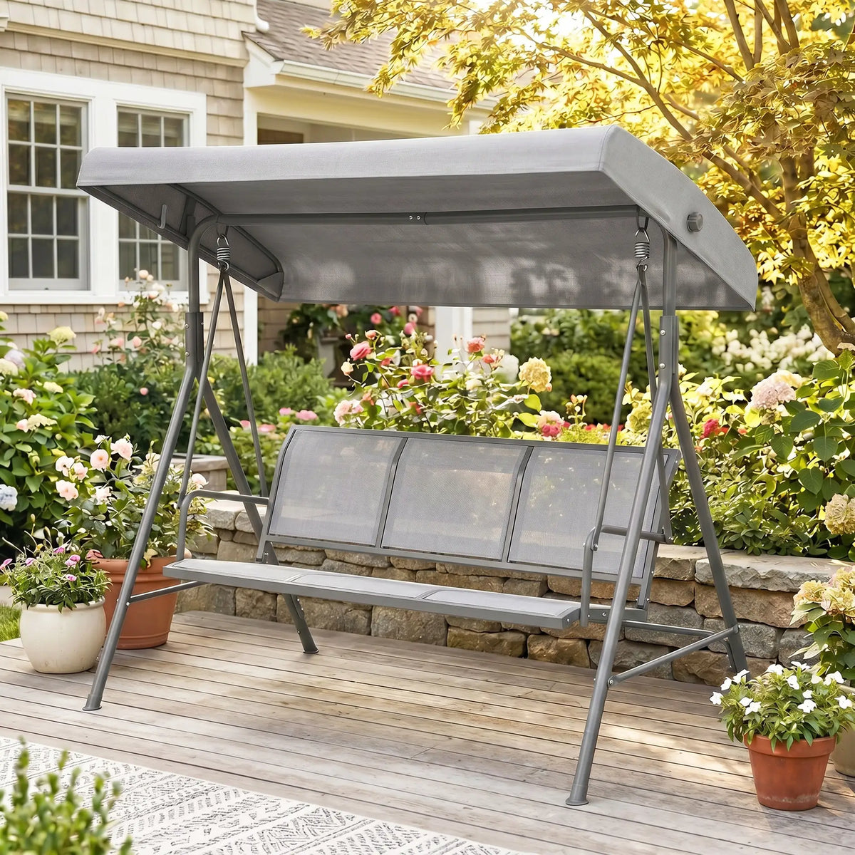 Chaise Balançoire 3 Places, Hamac de Jardin à Cadre en A, Toit Ajustable, Gris