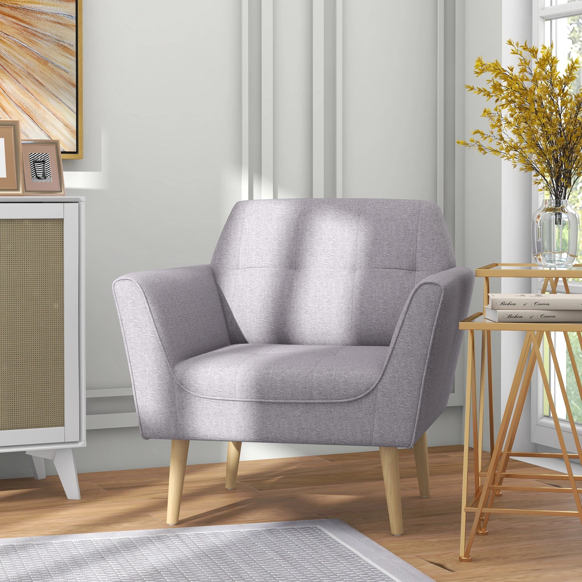 Upholstered Armchair, Modern Tufted Accent Chair, Rubber Wood Legs, Grey Accent Chairs at Gallery Canada