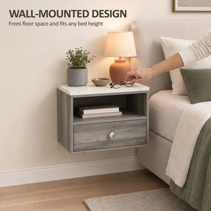 Floating Nightstands Set of 2, Drawer, Marble Top, Natural