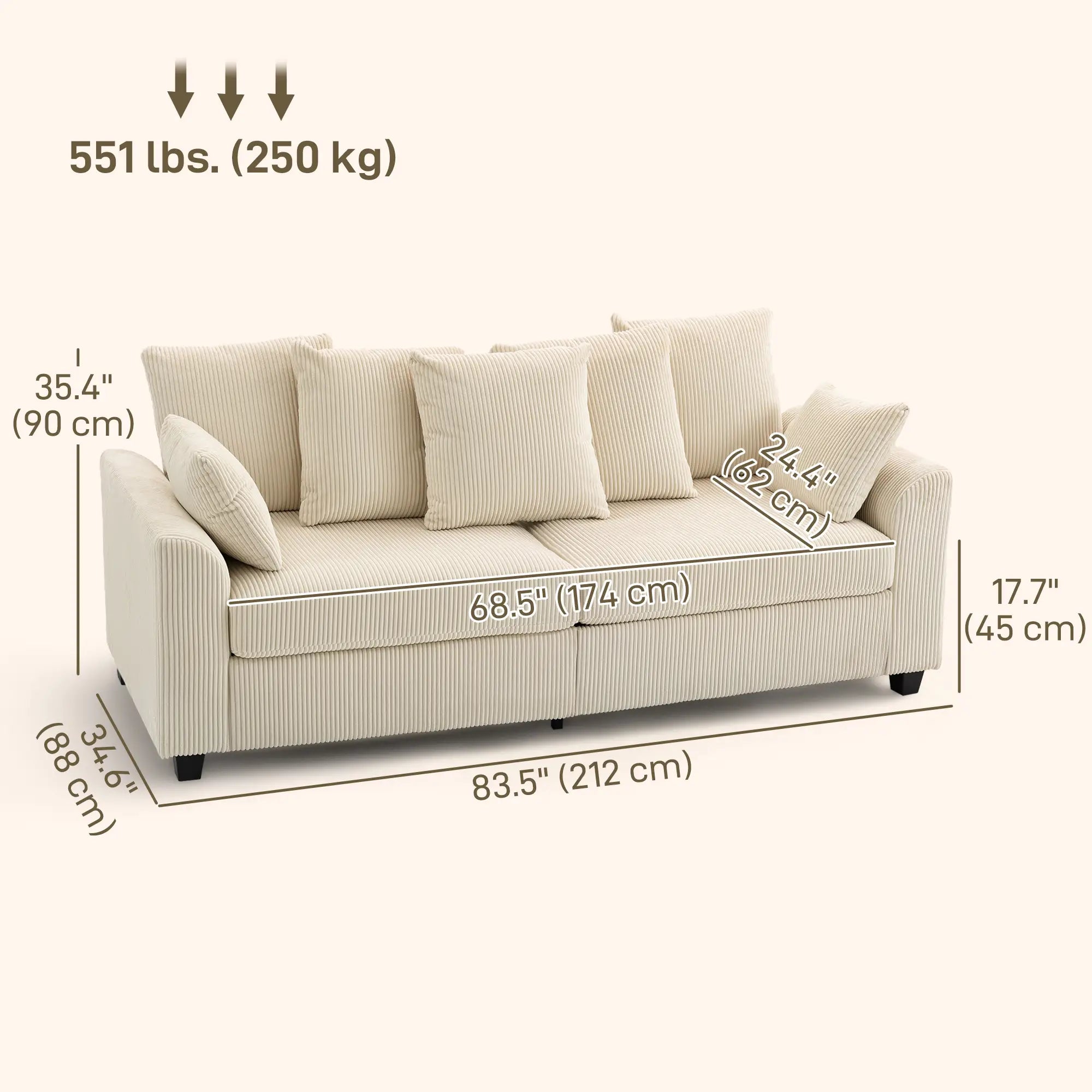 Corduroy Couch, 3 Seater Sofa, Modern with Curved Armrests, 8 Pillows, Beige 3-Seater Sofas at Gallery Canada