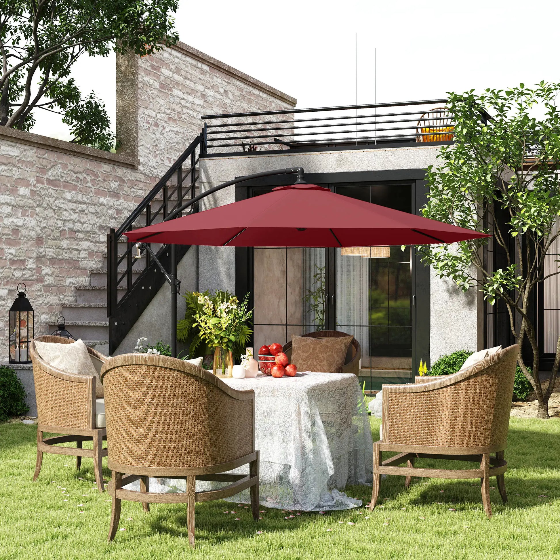 9.7ft Offset Patio Umbrella, Hanging Parasol, Crank, Wine Red Offset Cantilever Umbrellas at Gallery Canada