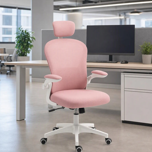Mesh Office Chair, Adjustable Headrest, 4D Lumbar Support, Flip-Up Arm, Pink Office Chairs Pink at Gallery Canada