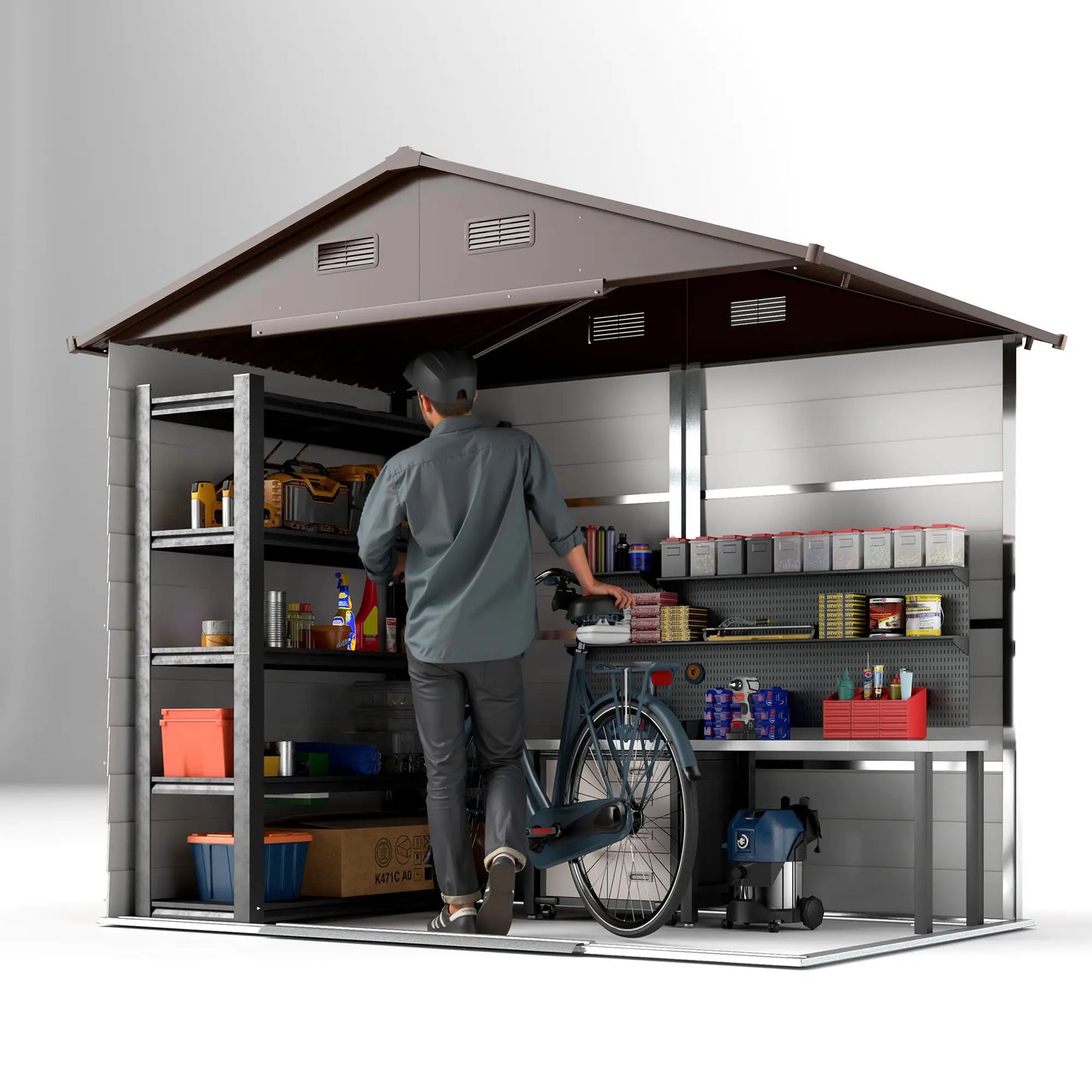 7.7' x 6.5' Metal Garden Shed, Ventilation, Dark Brown Wood Grain Sheds at Gallery Canada