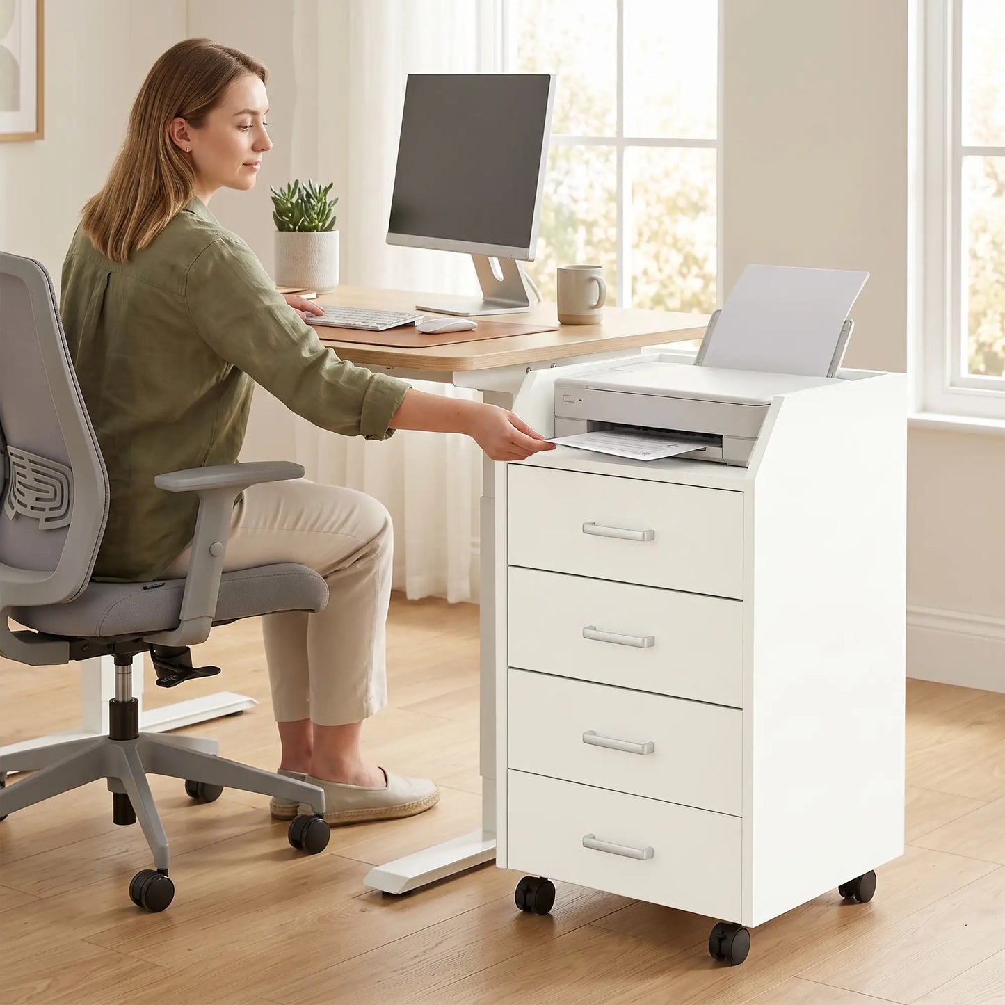 Armoire de classement verticale mobile à 4 tiroirs avec roues verrouillables, blanc
