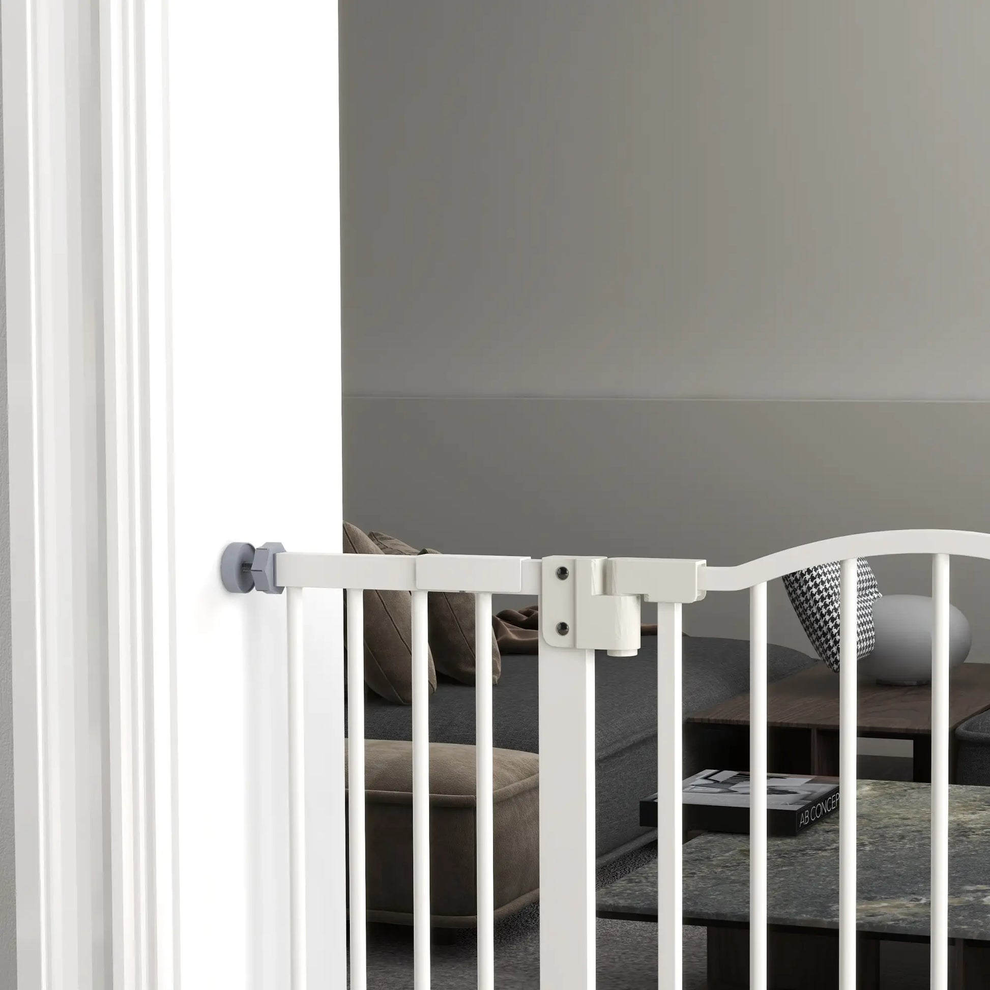 Extra Tall Dog Gate with Door, Pressure Fit, Auto Close, 29"-39", White Houses, Kennels & Pens at Gallery Canada