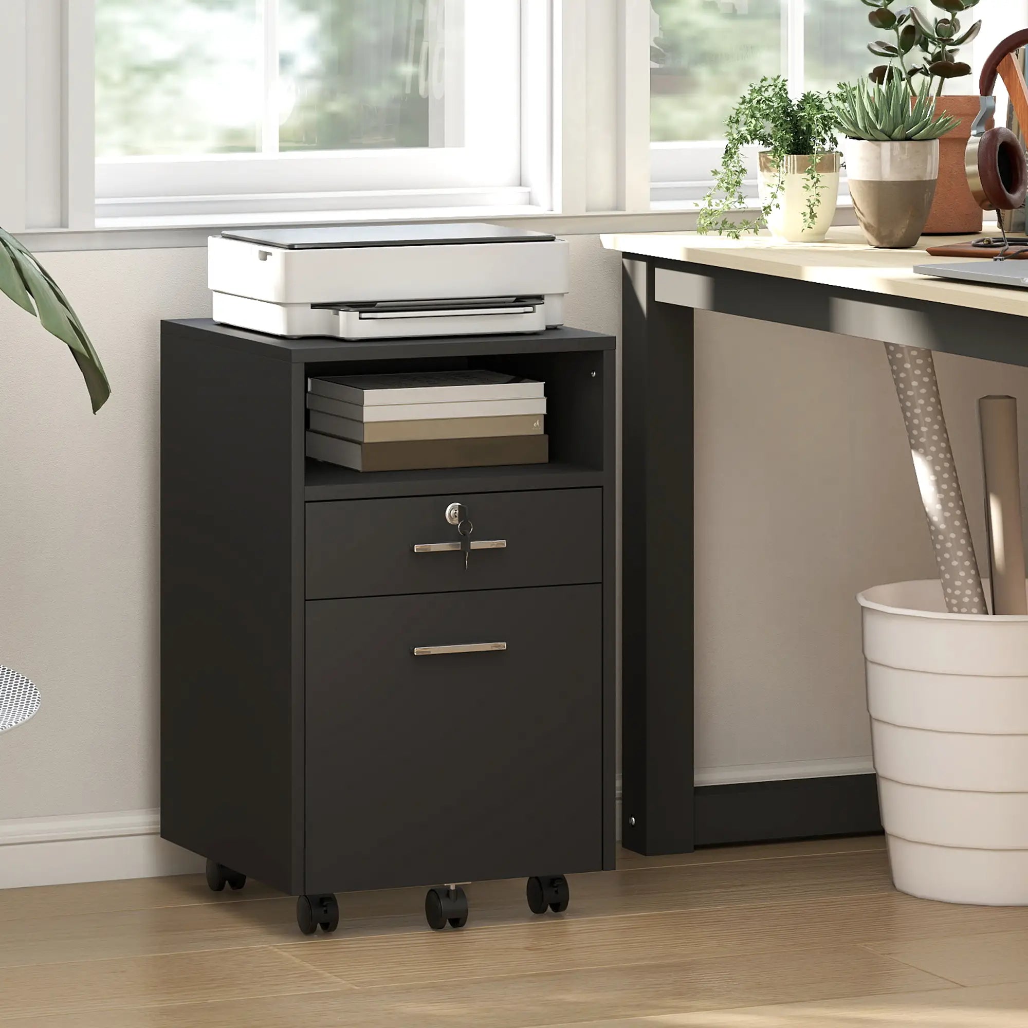 Small 2-Drawer Filing Cabinet, Lockable, on Wheels, A4 Letter Size, Black Office Cabinets & Cupboards at Gallery Canada