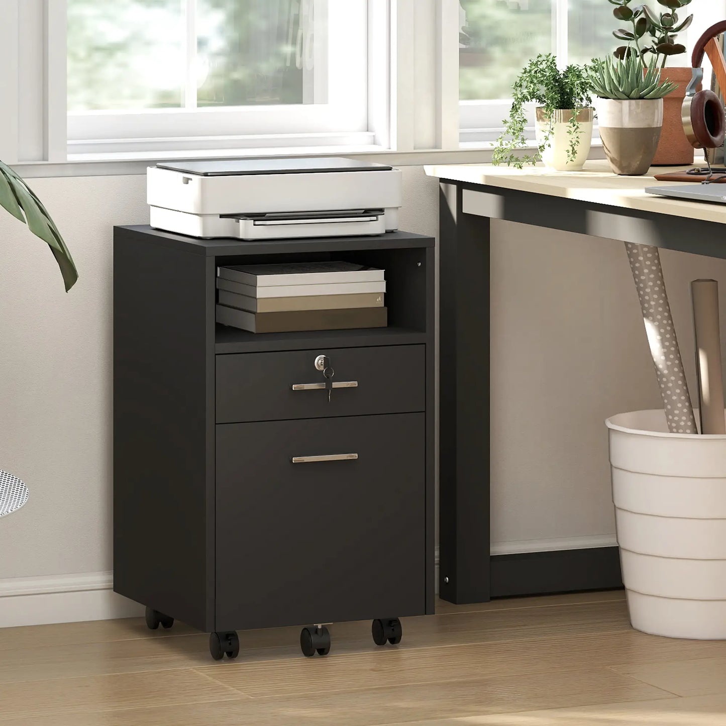 Small 2-Drawer Filing Cabinet, Lockable, on Wheels, A4 Letter Size, Black Office Cabinets & Cupboards at Gallery Canada