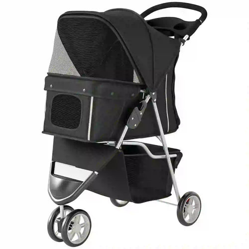 3 Wheel Foldable Dog Stroller, Storage Basket, Adjustable Canopy, Black