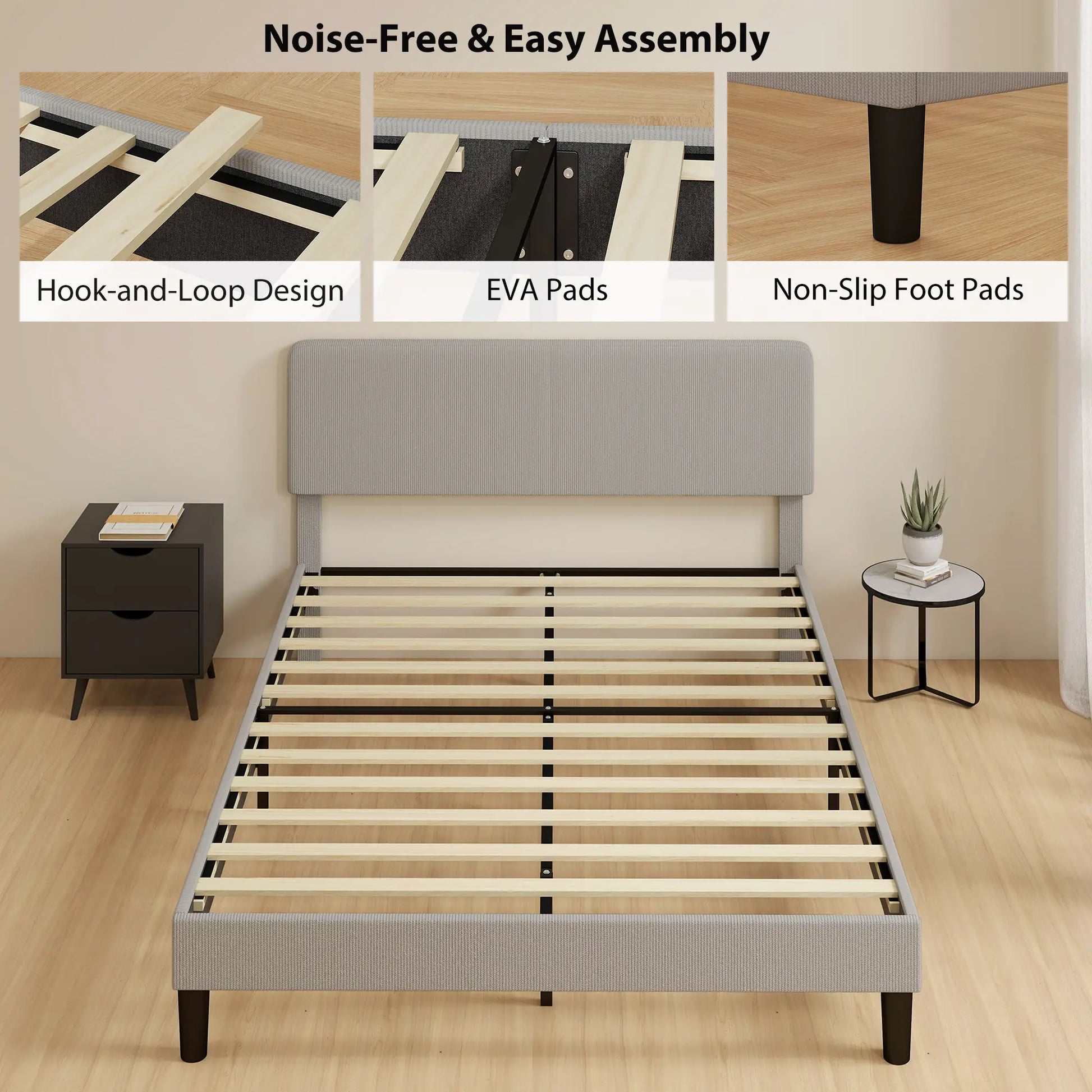 Queen Size Bed Frame, Adjustable Upholstered Headboard, Wood Slat Support, Light Grey Bed Frames at Gallery Canada