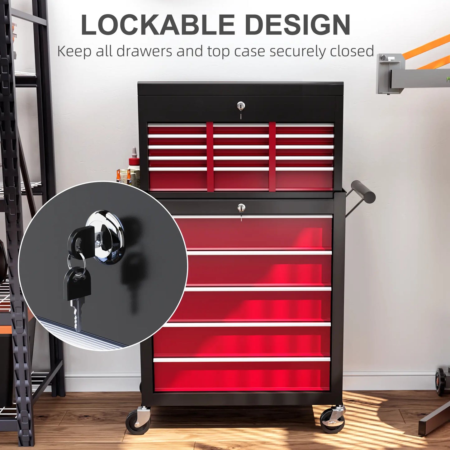 14 Drawer Rolling Tool Chest, Lockable Storage Cabinet, Detachable Top Toolbox, Red Tool Organizers at Gallery Canada