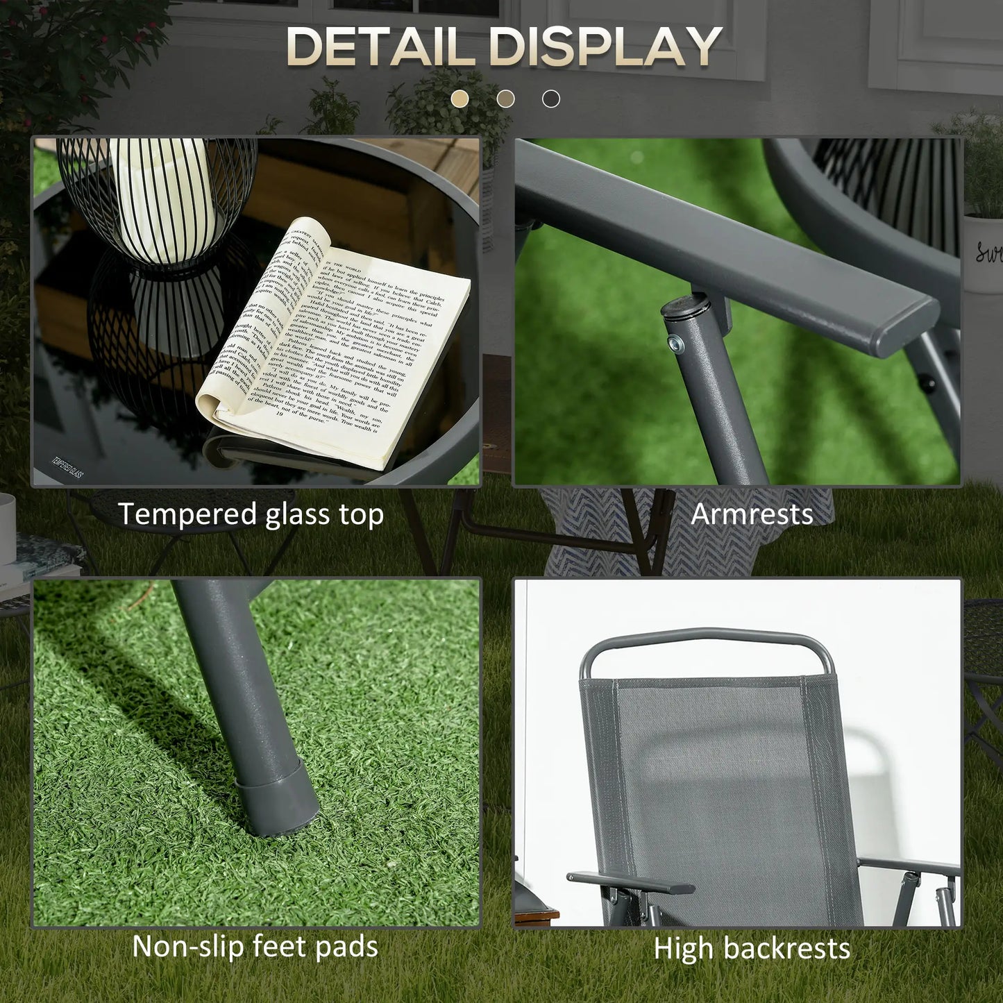 3 Piece Bistro Set, Foldable Mesh Chairs, Glass Table, Charcoal Grey Bistro Sets at Gallery Canada