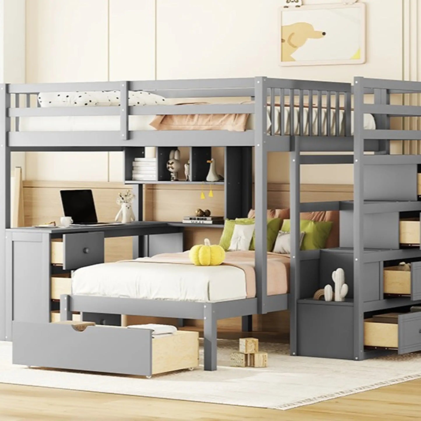 Over Twin Bunk Bed with Study Desk, Drawers, Shelves, 98" L x 80" W x 64.5" H, Grey Bed Frames at Gallery Canada