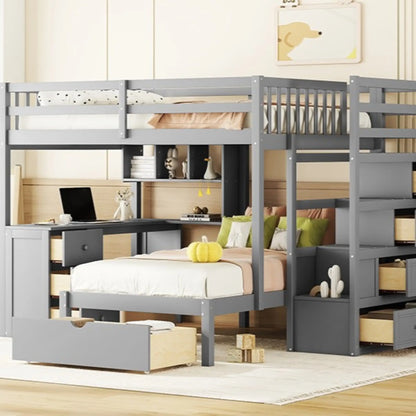 Over Twin Bunk Bed with Study Desk, Drawers, Shelves, 98" L x 80" W x 64.5" H, Grey Bed Frames at Gallery Canada