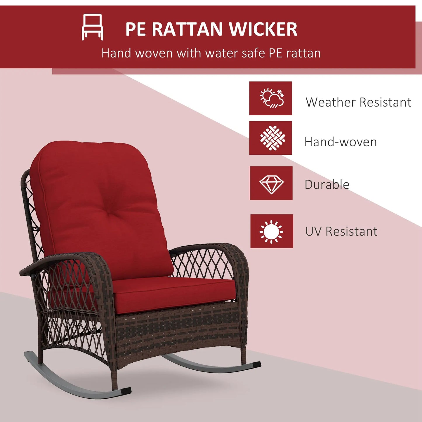 Outdoor Wicker Rattan Rocking Chair, Thick Cushions, Garden Backyard Porch, Red Outdoor Rocking Chairs at Gallery Canada