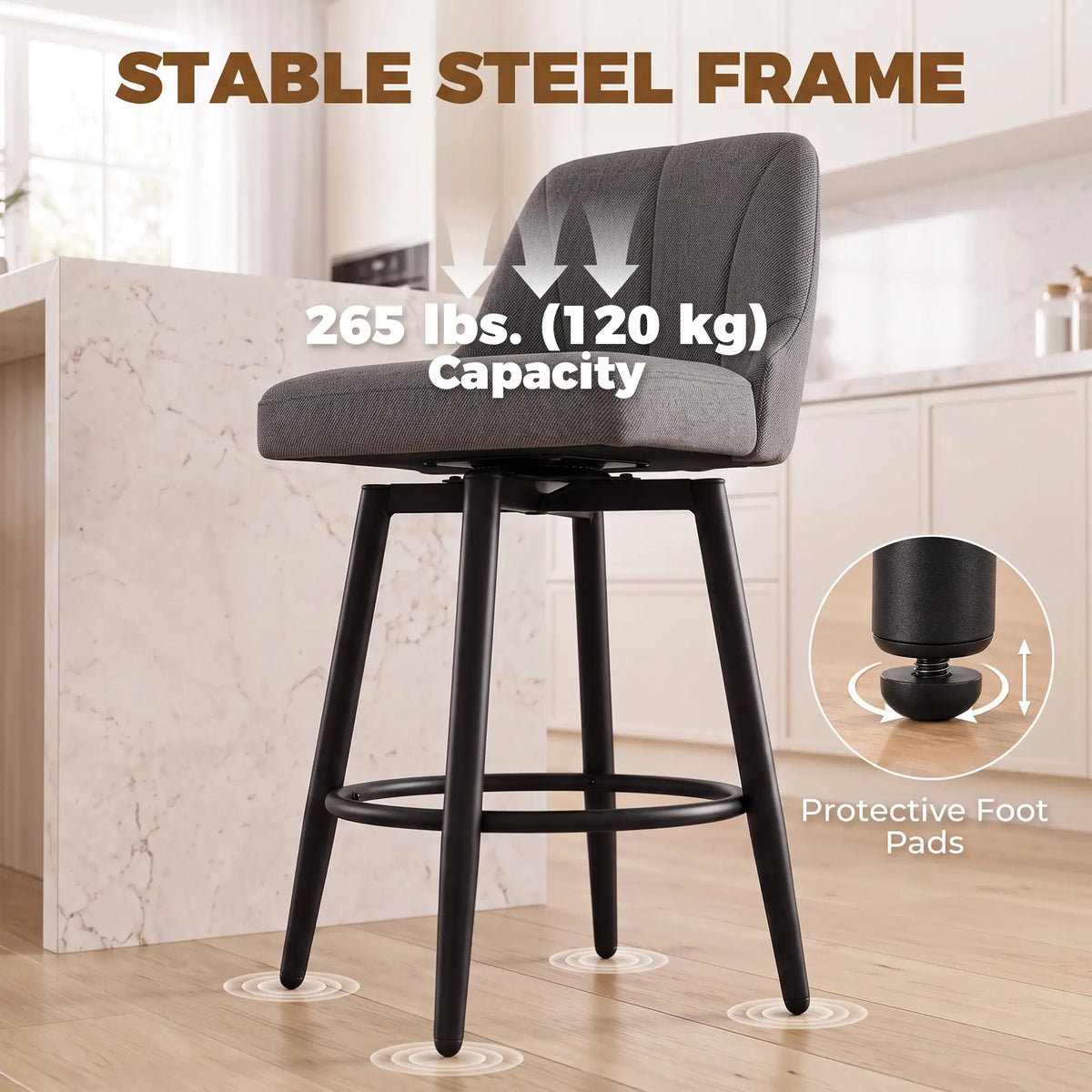 Swivel Bar Stools Set of 2, Counter Height, Dark Grey